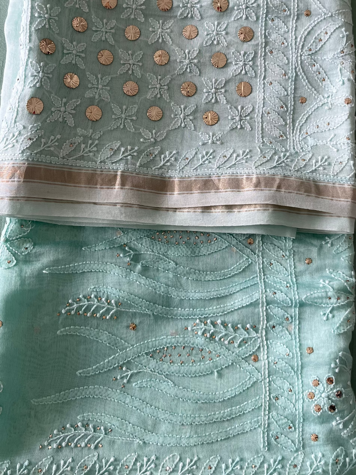 Sea Green Ombre Chikankari Chanderi Saree with Mukaish work