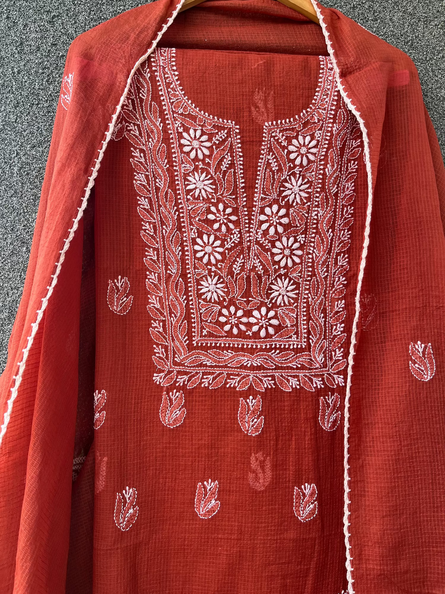 Akanksha Rust Orange Unstitched Chikankari Kurta Set