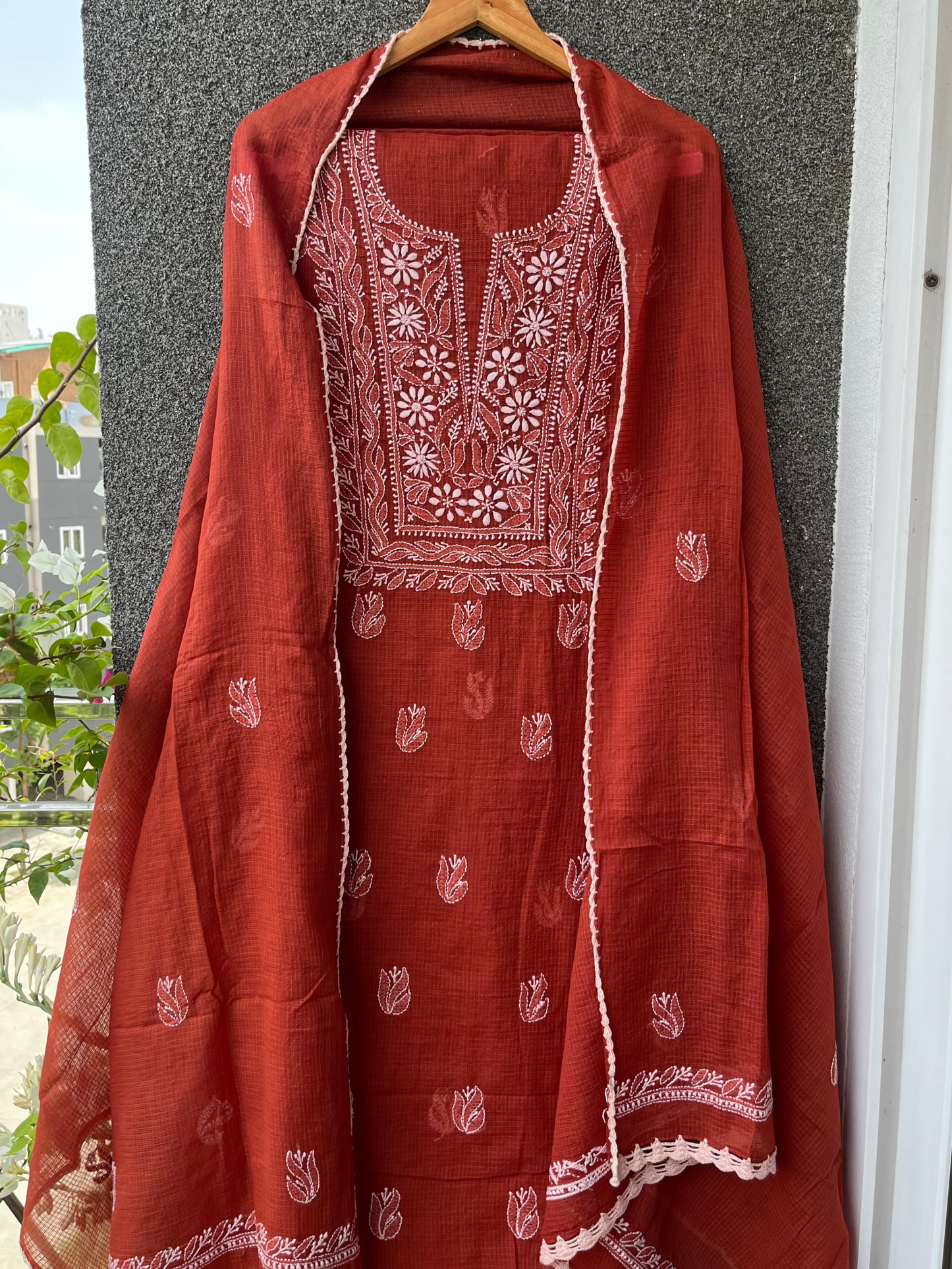 Akanksha Rust Orange Unstitched Chikankari Kurta Set
