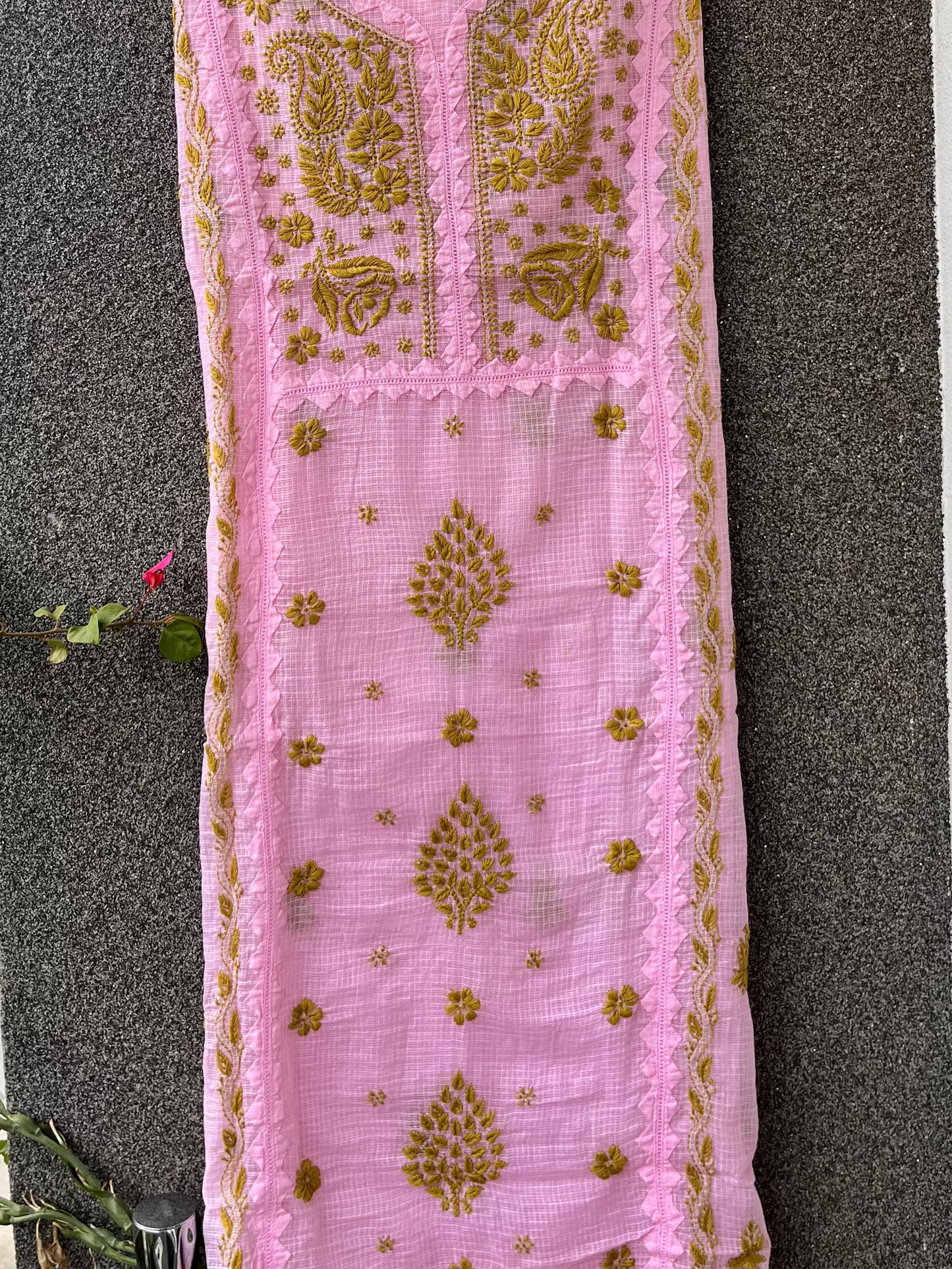 Anupama Pink & Green Unstitched Chikankari & Applique Suit Set