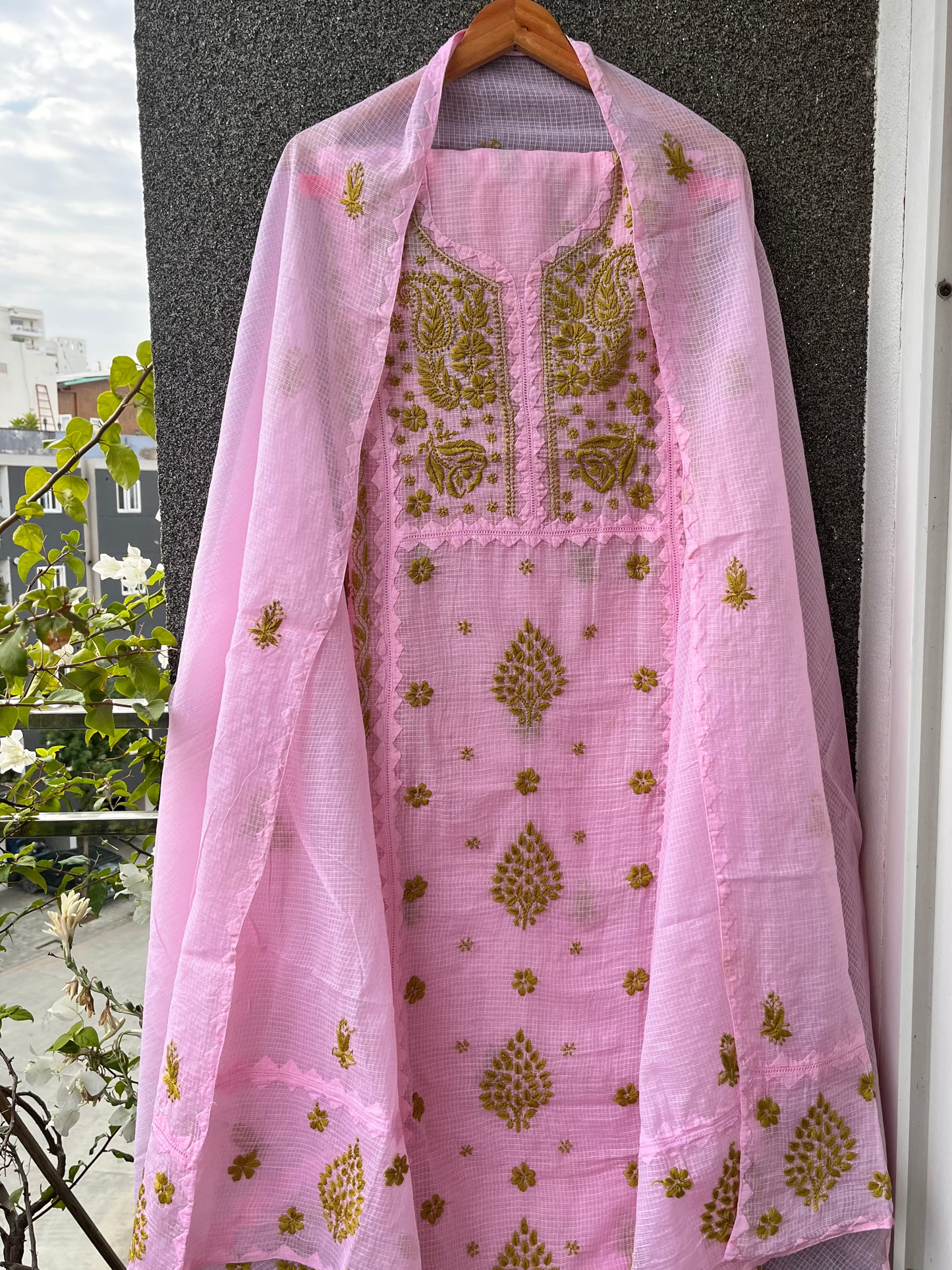 Anupama Pink & Green Unstitched Chikankari & Applique Suit Set