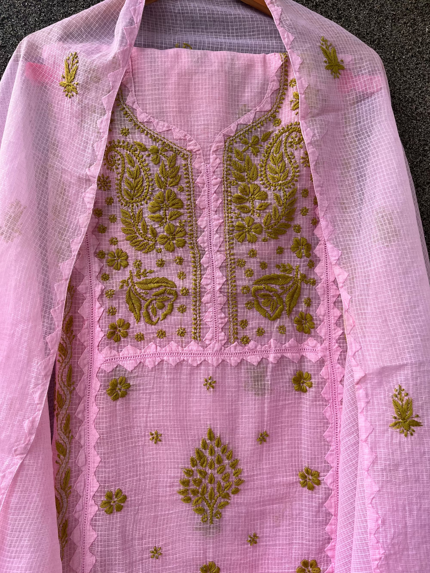 Anupama Pink & Green Unstitched Chikankari & Applique Suit Set