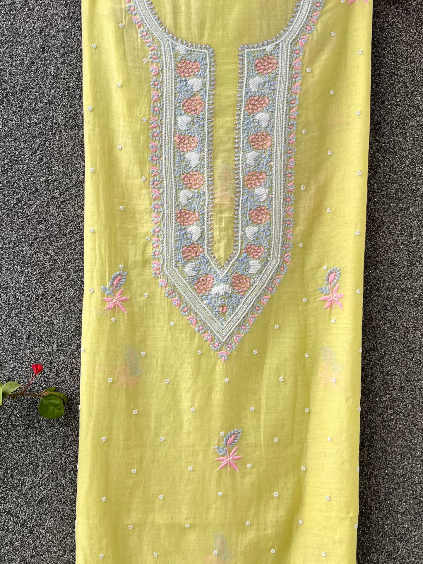 Lime Mul Chanderi Unstitched Fine Chikankari & Pearl Festive Suit Set