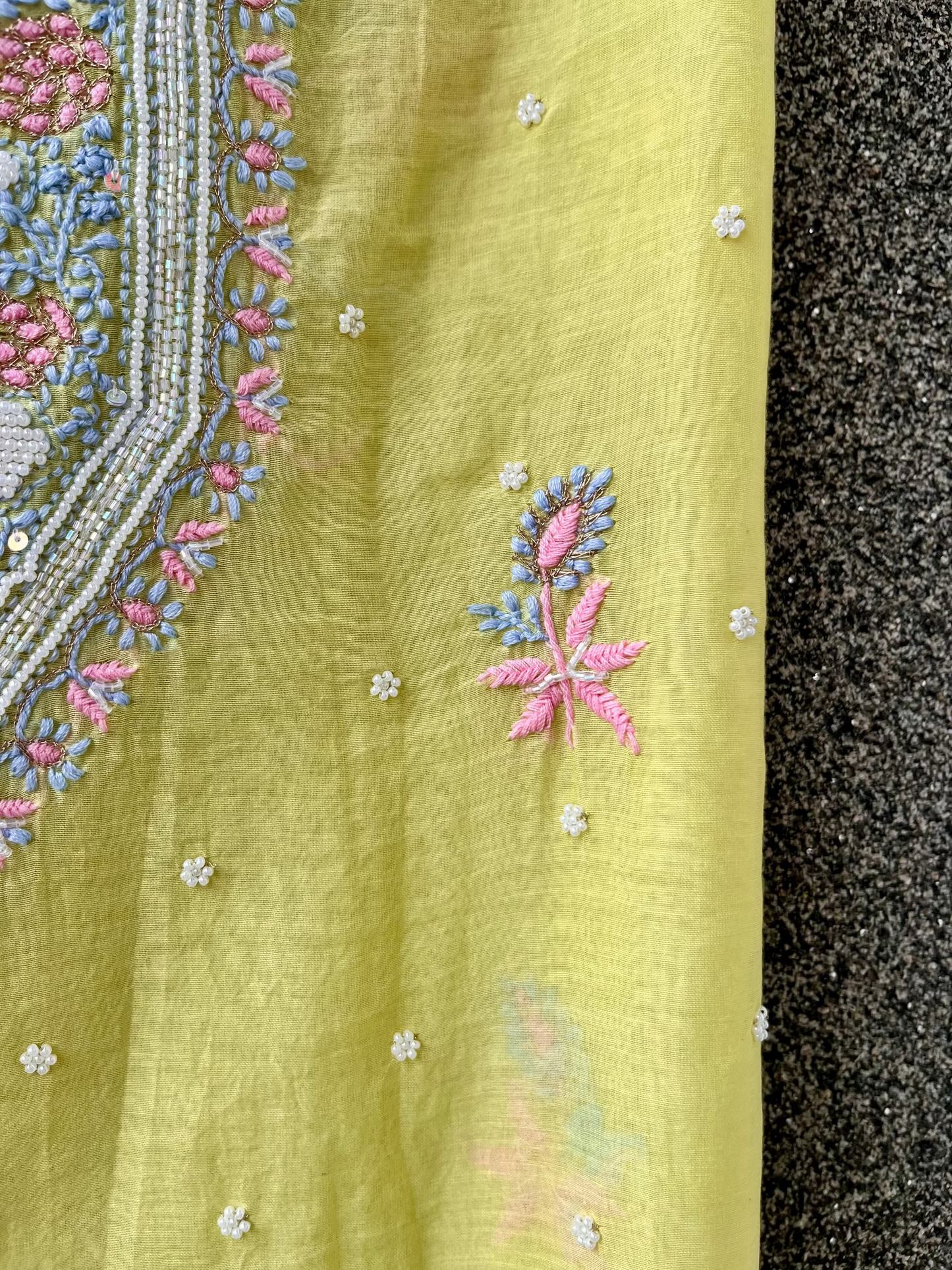 Lime Mul Chanderi Unstitched Fine Chikankari & Pearl Festive Suit Set