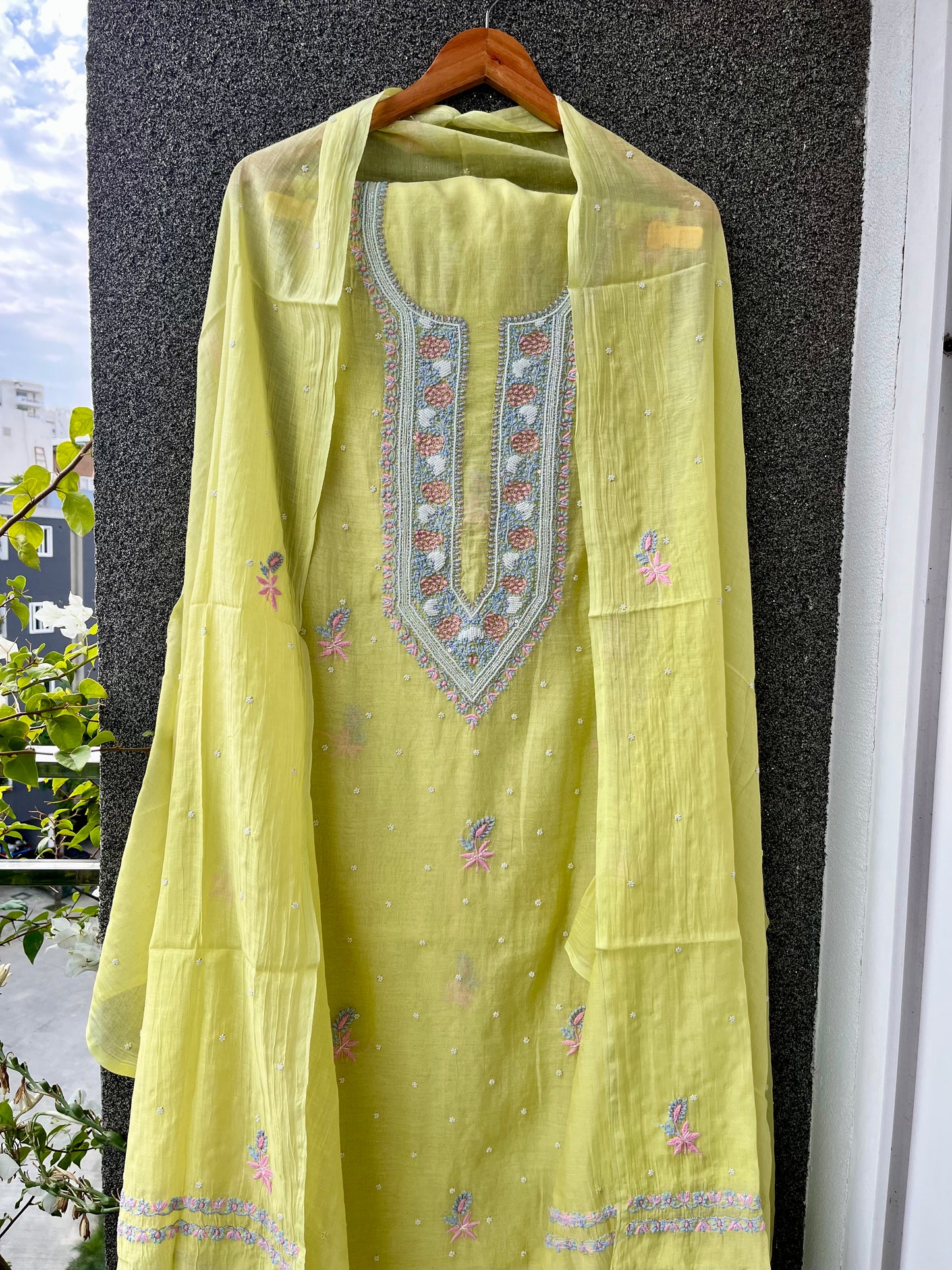 Lime Mul Chanderi Unstitched Fine Chikankari & Pearl Festive Suit Set