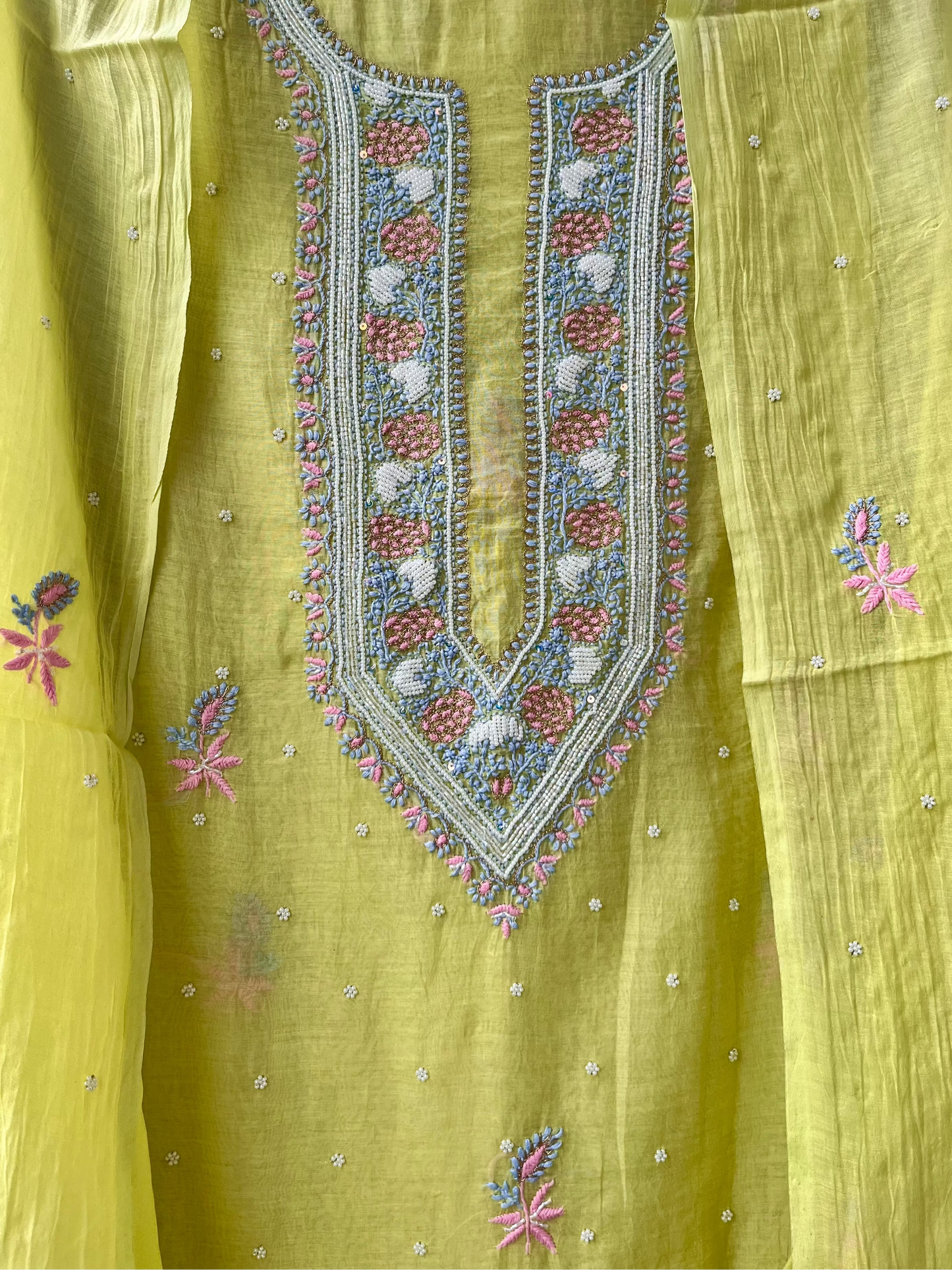 Lime Mul Chanderi Unstitched Fine Chikankari & Pearl Festive Suit Set