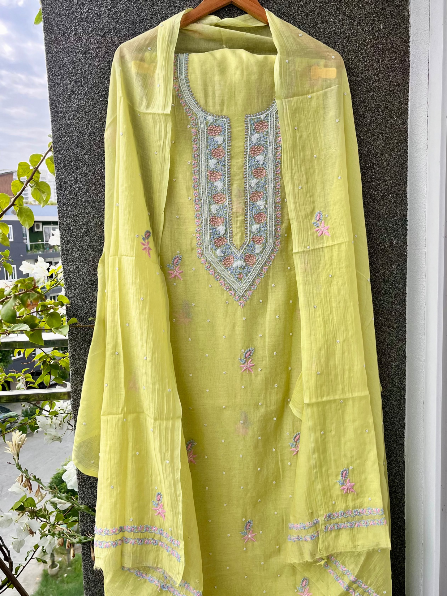 Lime Mul Chanderi Unstitched Fine Chikankari & Pearl Festive Suit Set