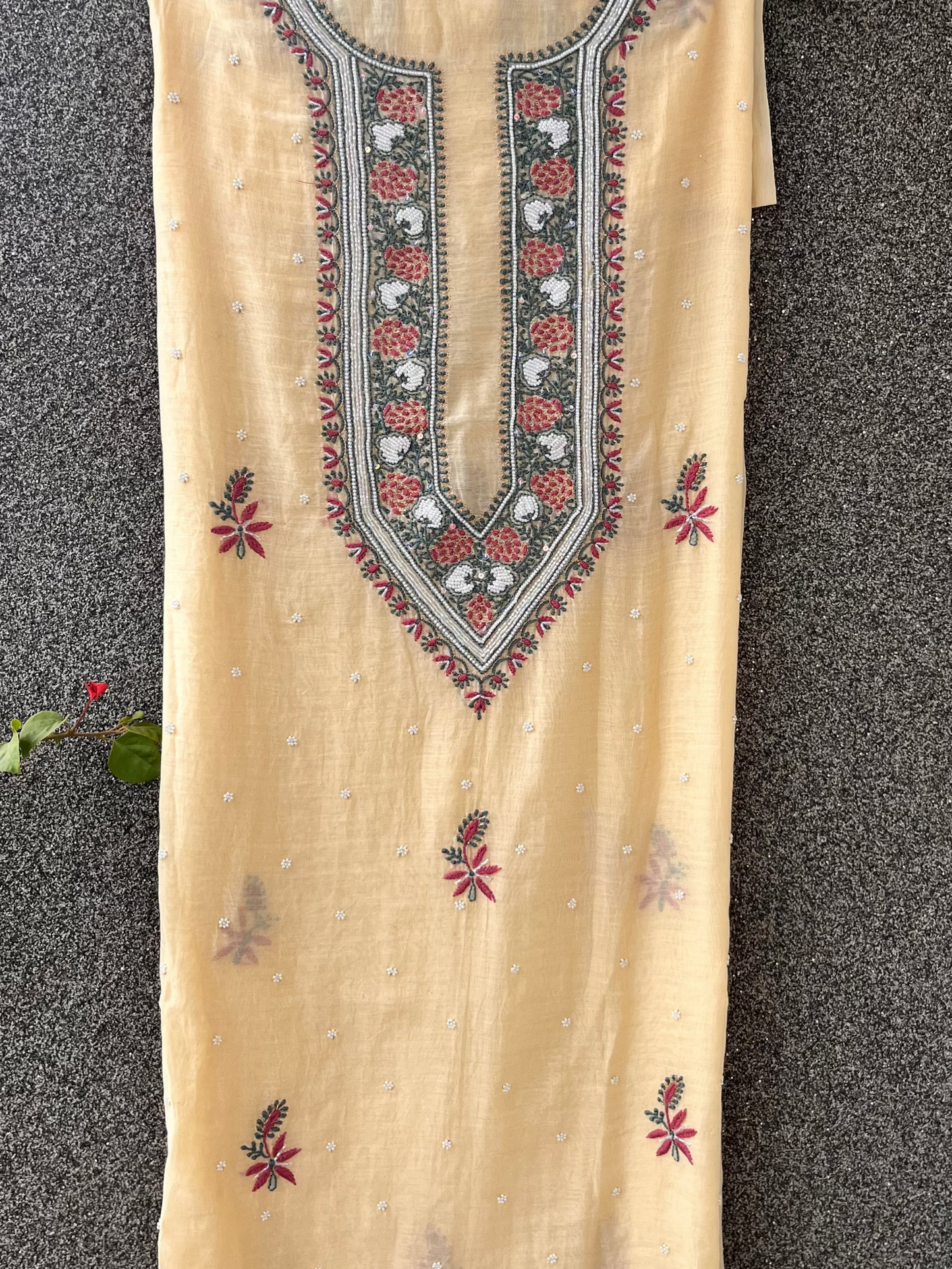 Beige Mul Chanderi Unstitched Fine Chikankari & Pearl Festive Suit Set