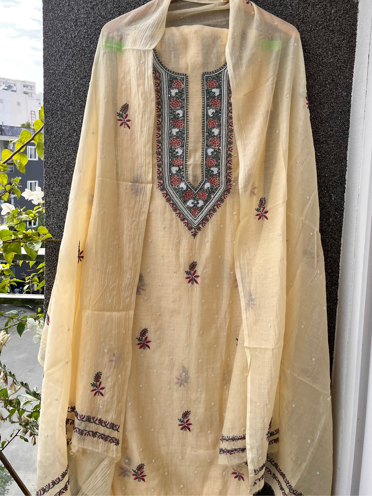 Beige Mul Chanderi Unstitched Fine Chikankari & Pearl Festive Suit Set
