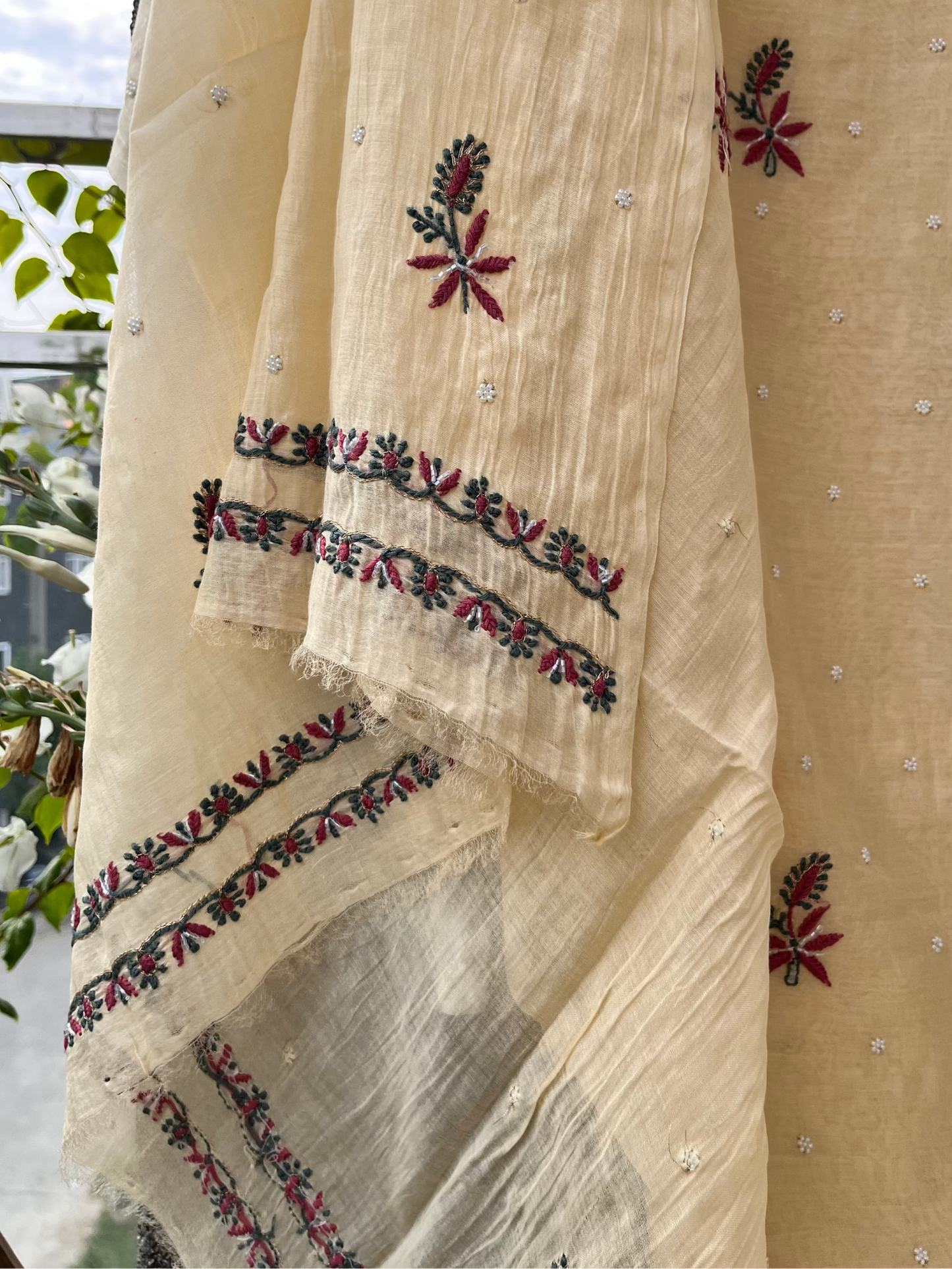 Beige Mul Chanderi Unstitched Fine Chikankari & Pearl Festive Suit Set