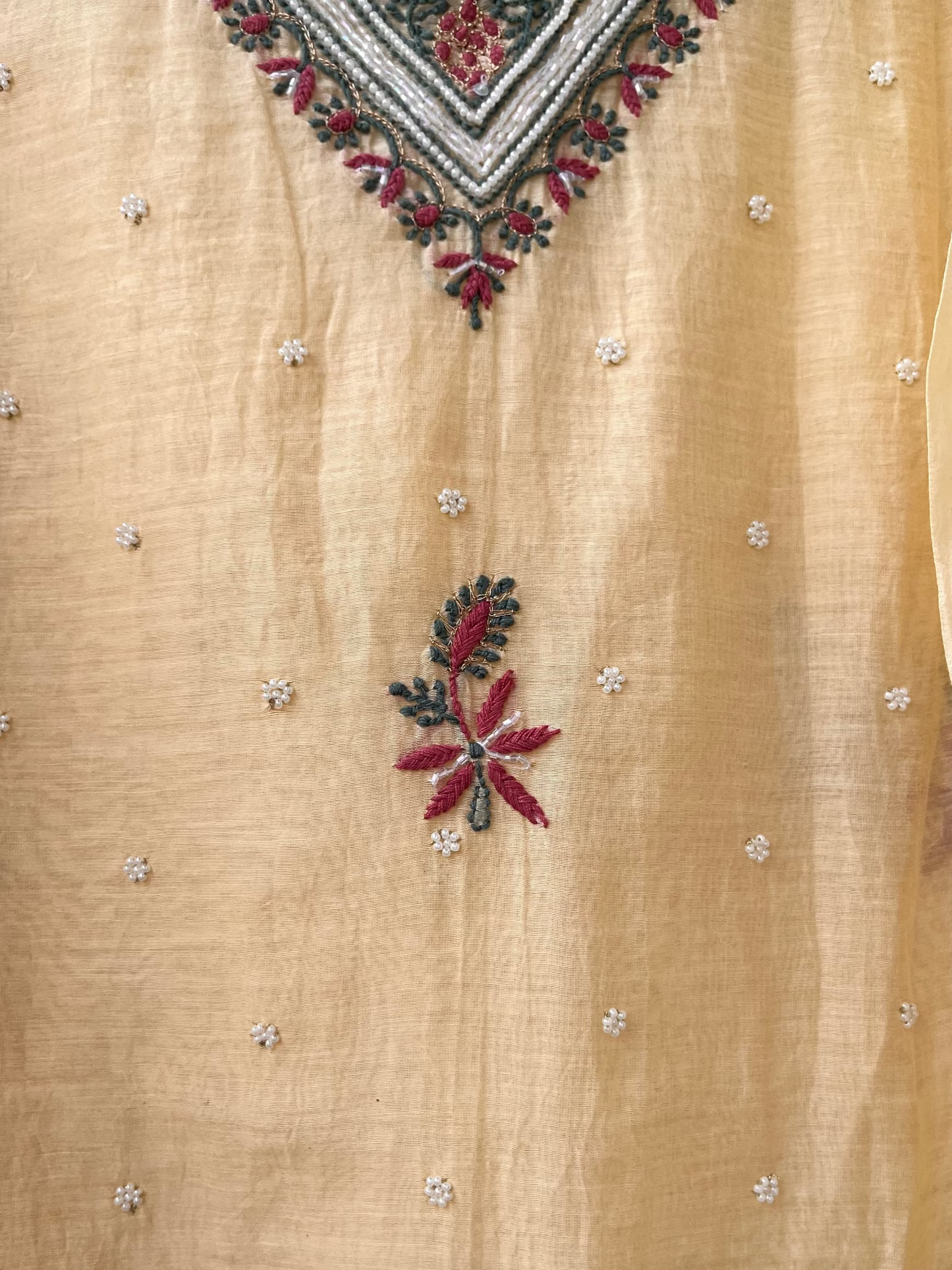 Beige Mul Chanderi Unstitched Fine Chikankari & Pearl Festive Suit Set