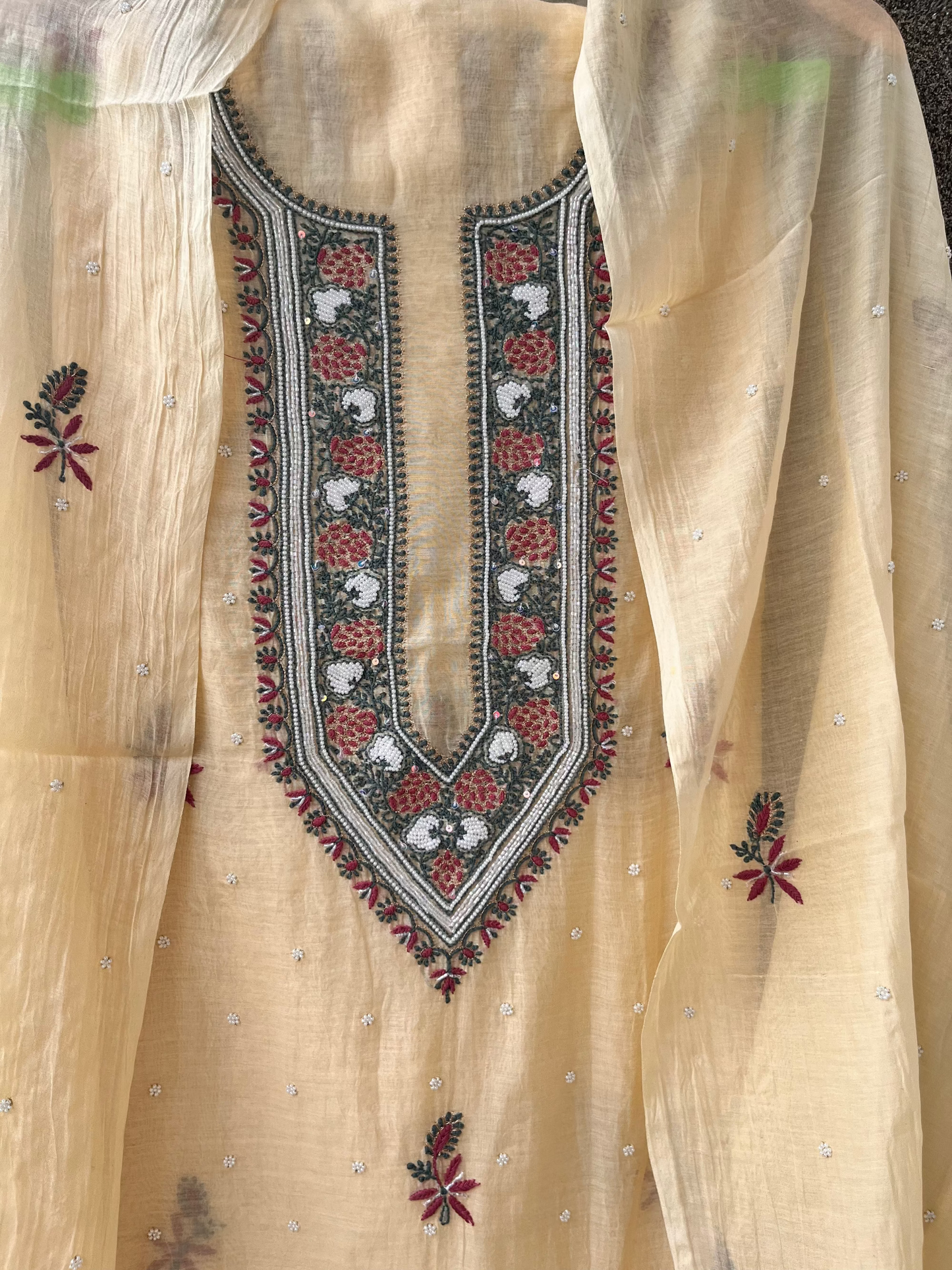 Beige Mul Chanderi Unstitched Fine Chikankari & Pearl Festive Suit Set