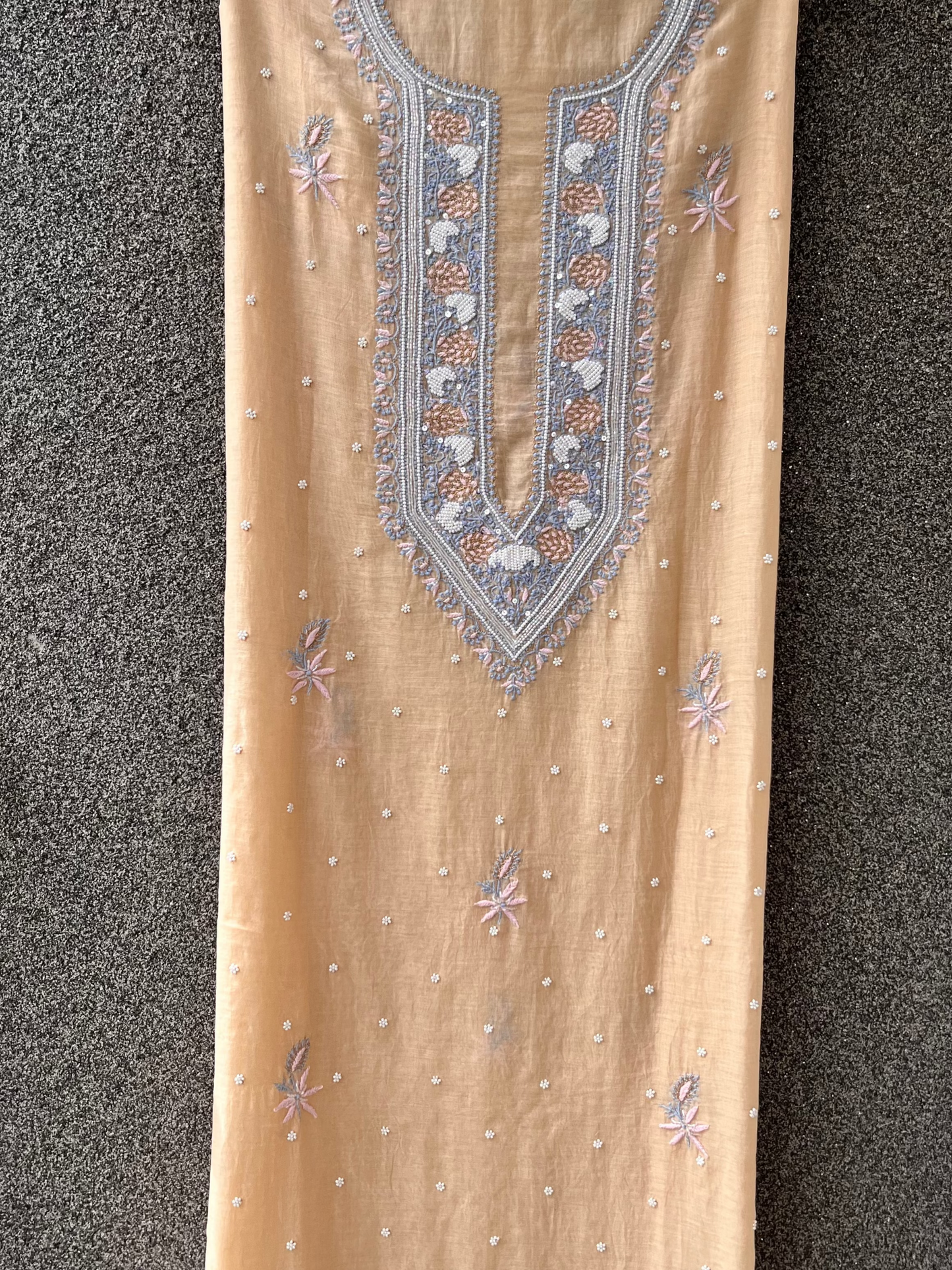 Beige & Blue Mul Chanderi Unstitched Fine Chikankari & Pearl Festive Suit Set