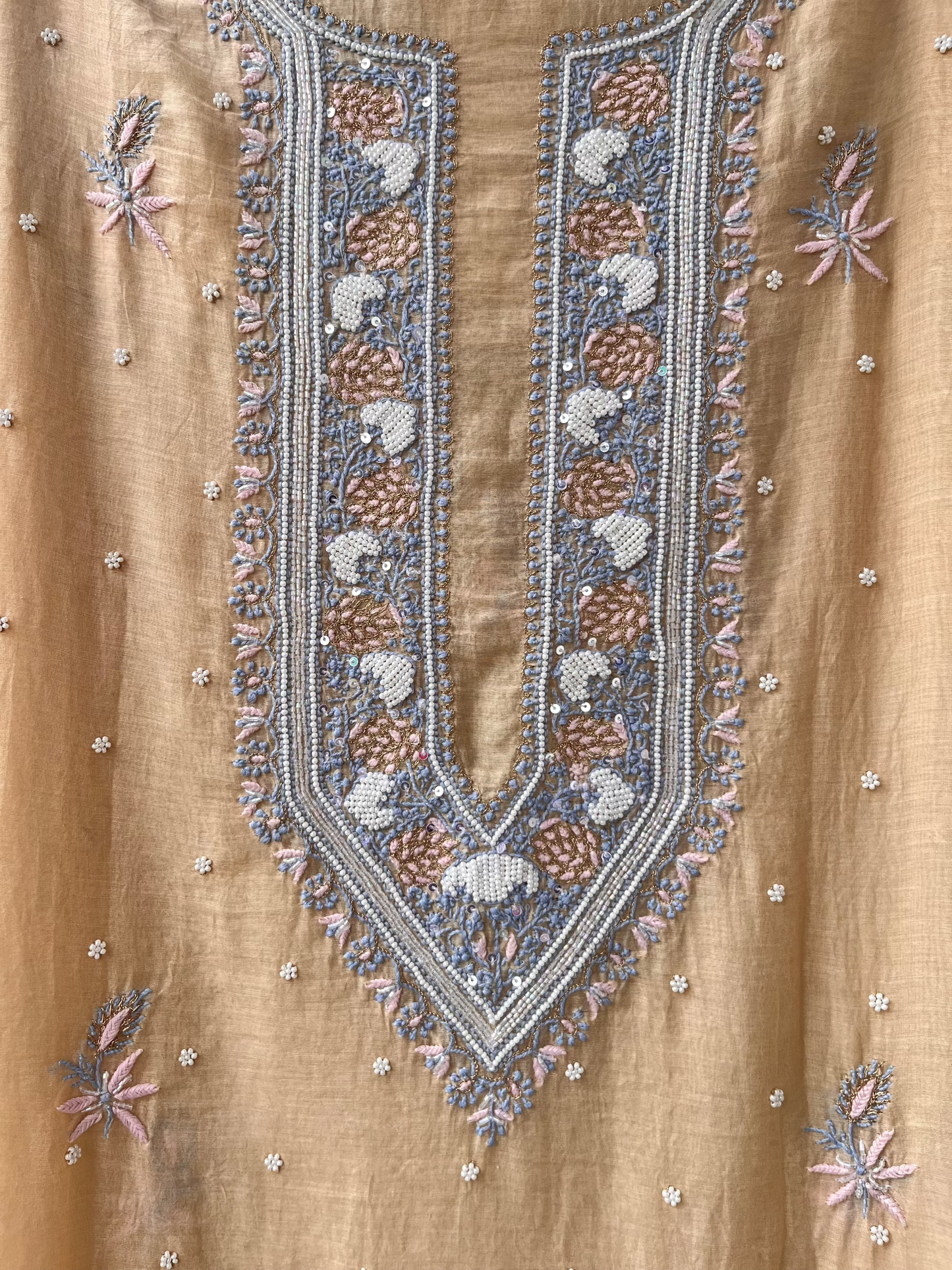 Beige & Blue Mul Chanderi Unstitched Fine Chikankari & Pearl Festive Suit Set