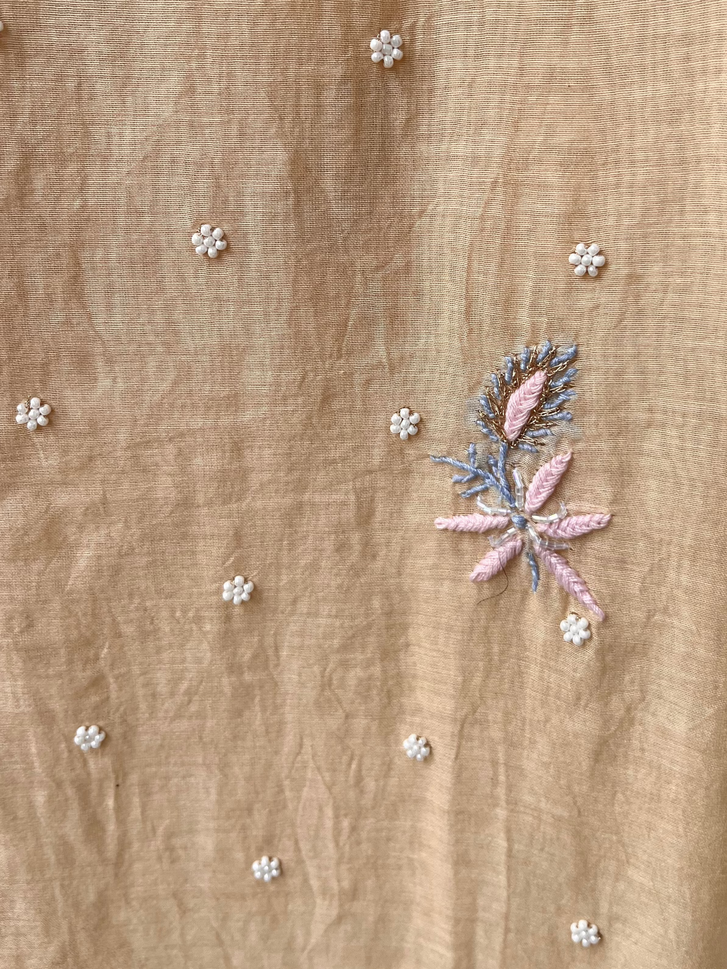 Beige & Blue Mul Chanderi Unstitched Fine Chikankari & Pearl Festive Suit Set