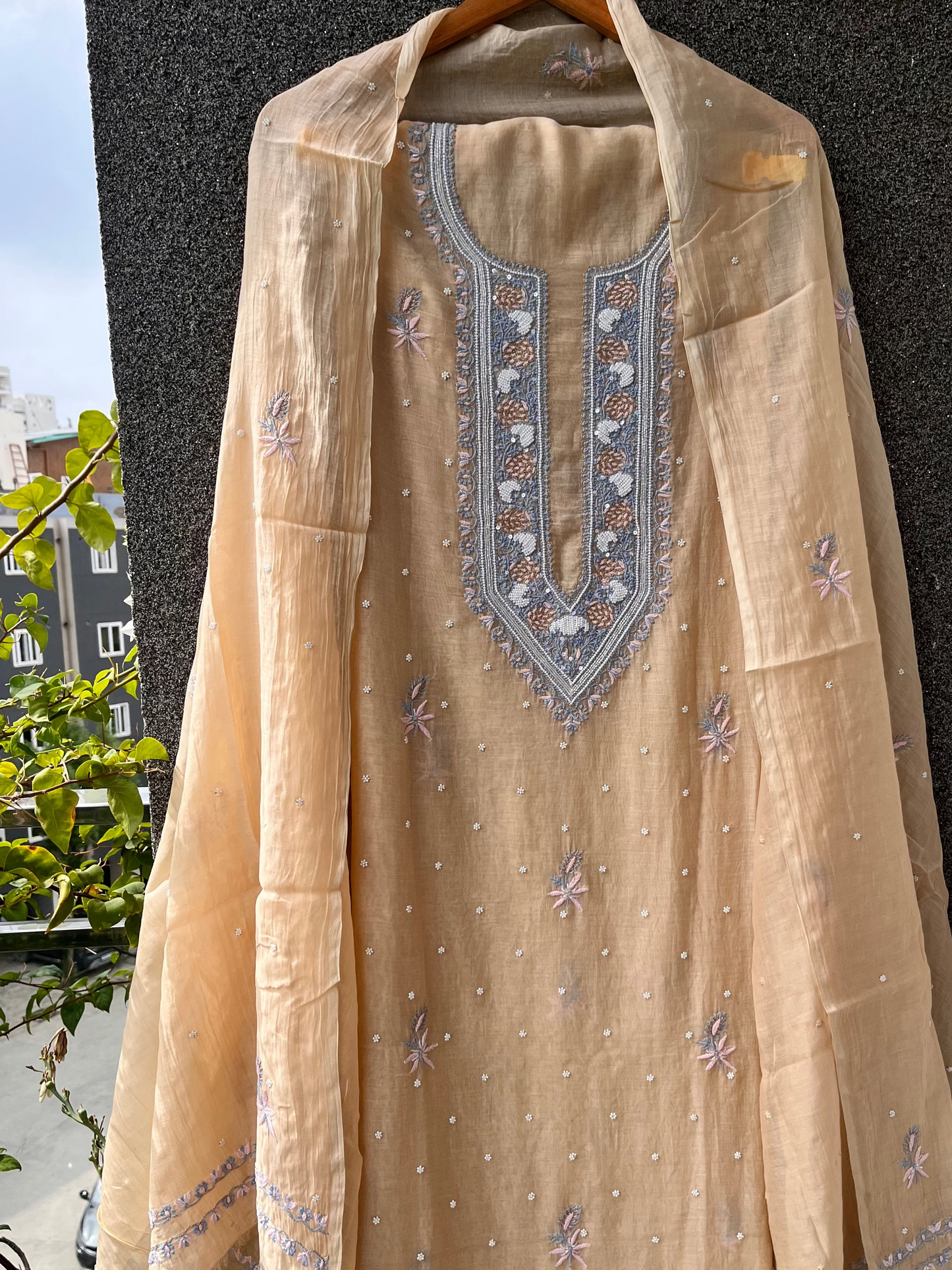 Beige & Blue Mul Chanderi Unstitched Fine Chikankari & Pearl Festive Suit Set