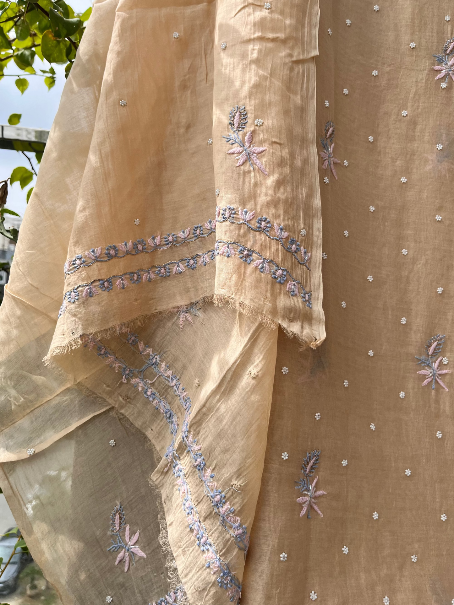 Beige & Blue Mul Chanderi Unstitched Fine Chikankari & Pearl Festive Suit Set