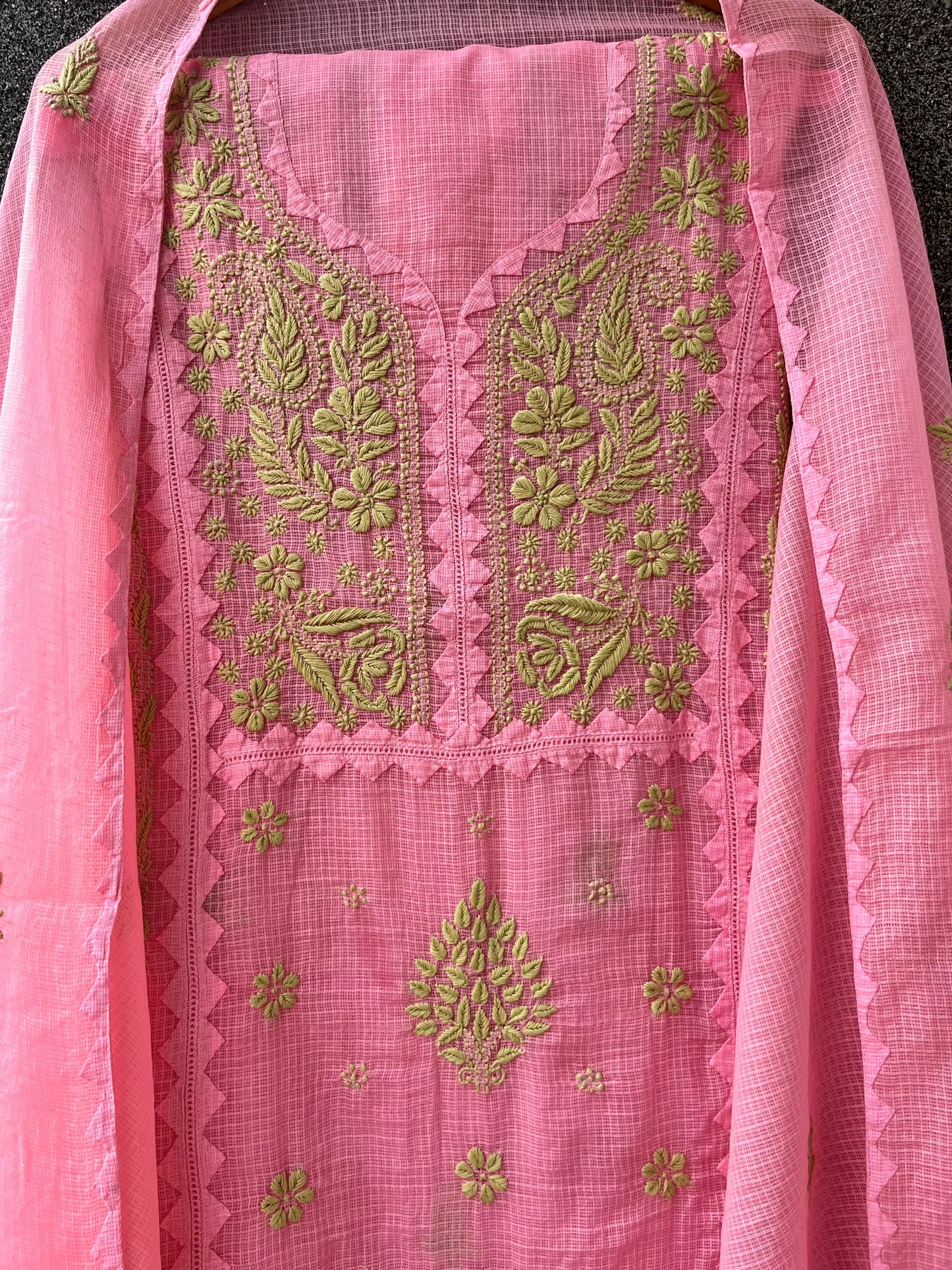 Anupama Pink & Green Unstitched Chikankari & Applique Suit Set