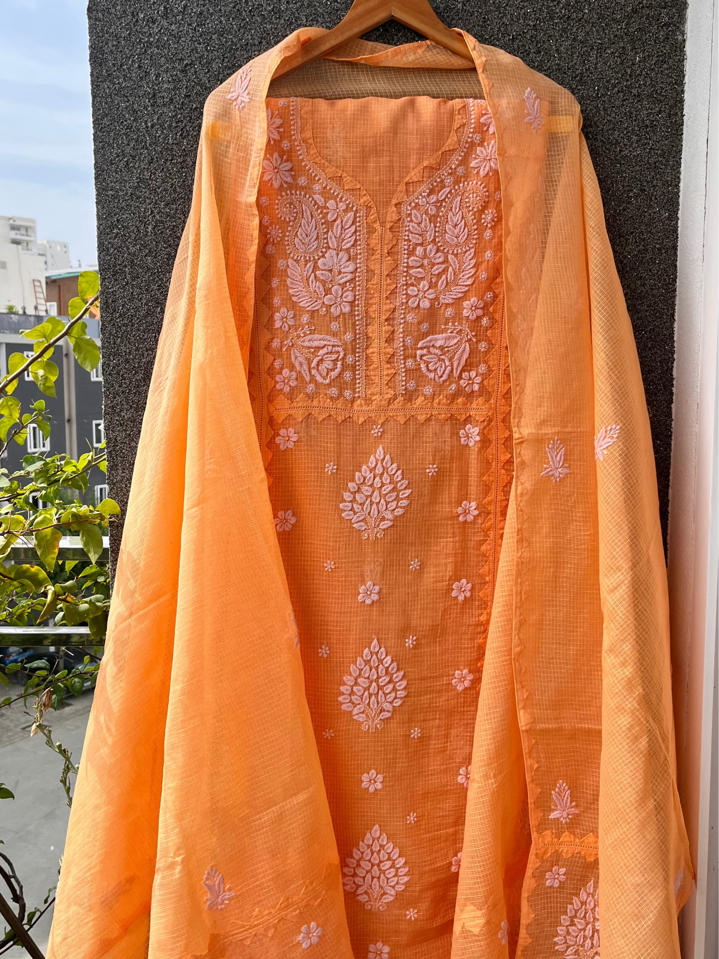 Anupama Orange & Pink Unstitched Chikankari & Applique Suit Set