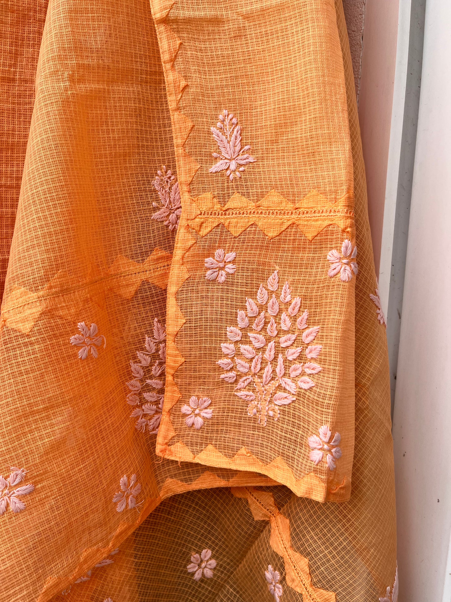 Anupama Orange & Pink Unstitched Chikankari & Applique Suit Set