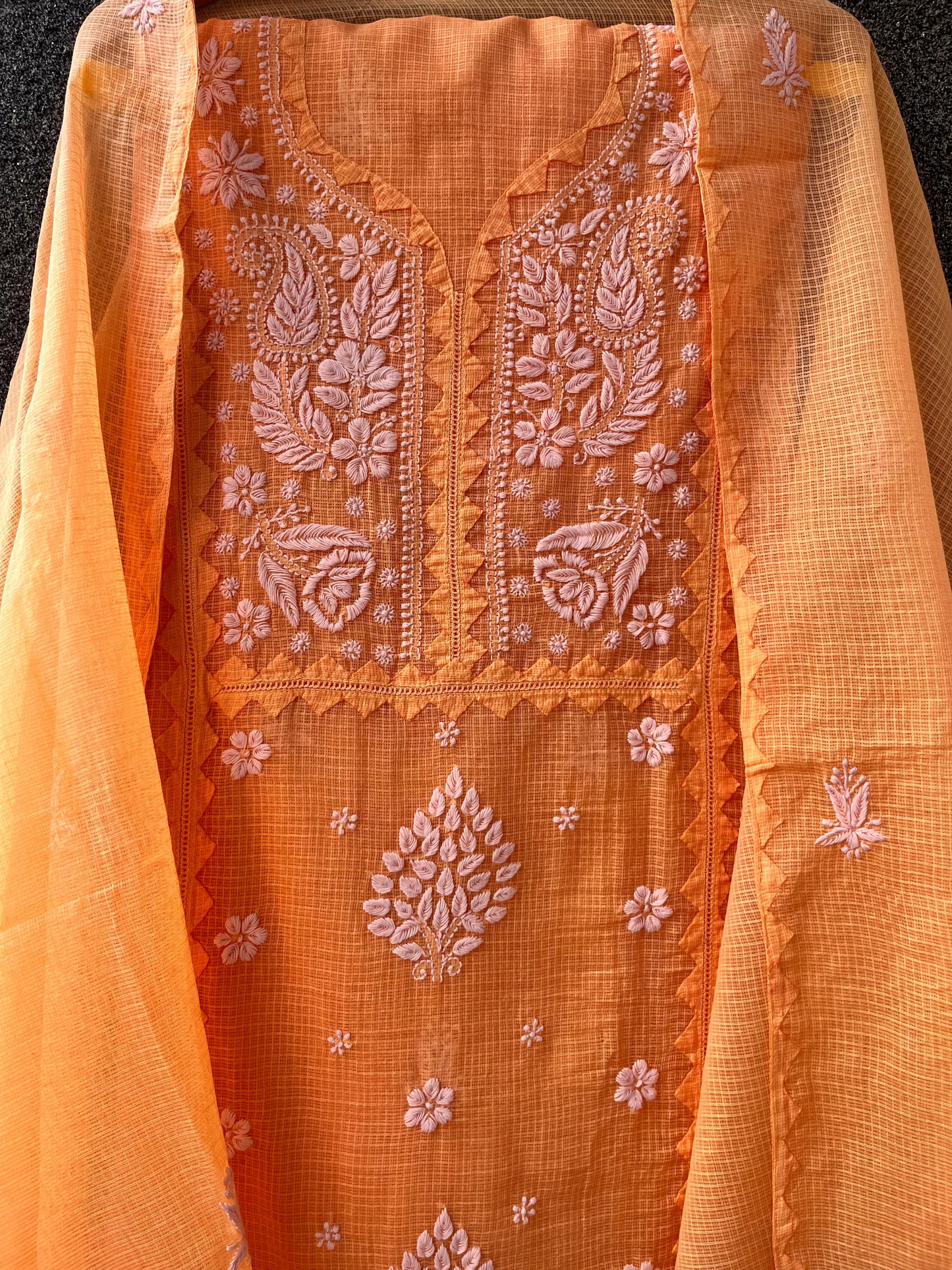 Anupama Orange & Pink Unstitched Chikankari & Applique Suit Set