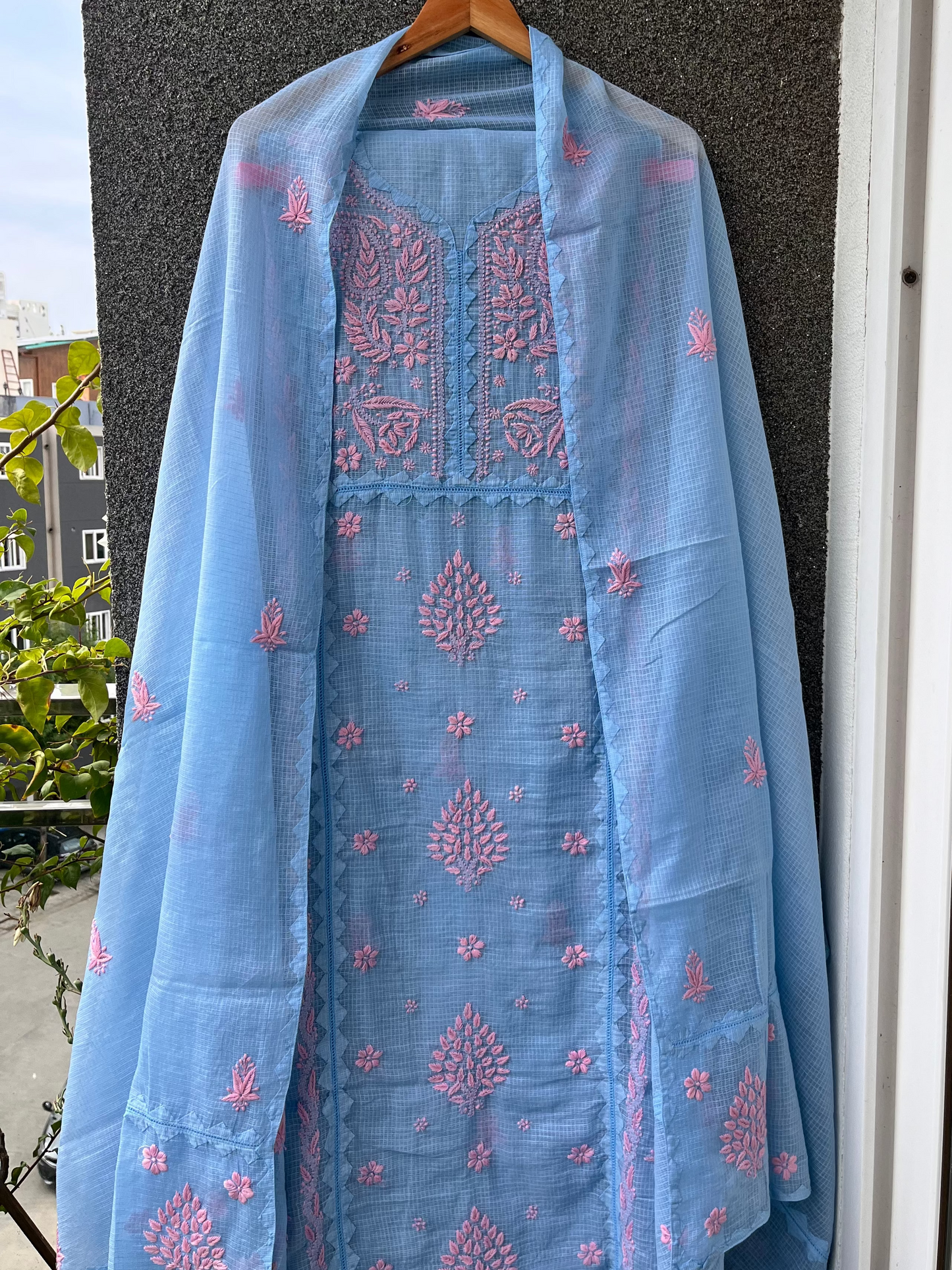 Anupama Blue & Pink Unstitched Chikankari & Applique Suit Set