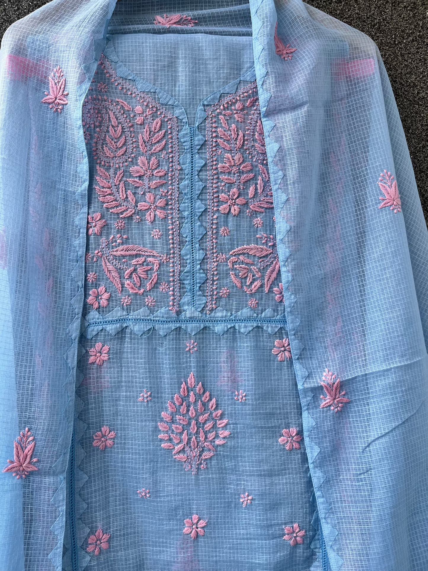 Anupama Blue & Pink Unstitched Chikankari & Applique Suit Set