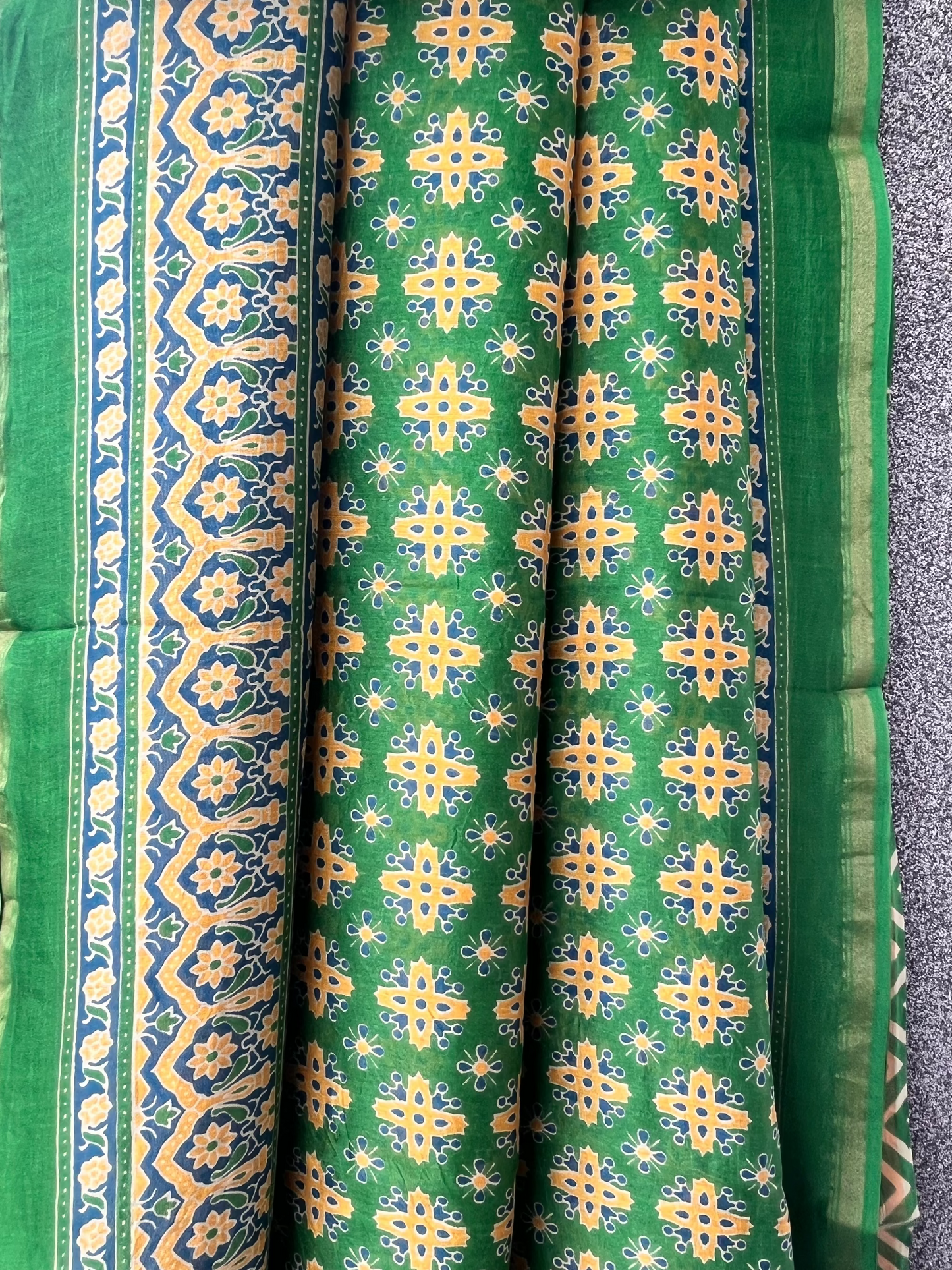 Green & Yellow Ajrakh Chanderi Saree