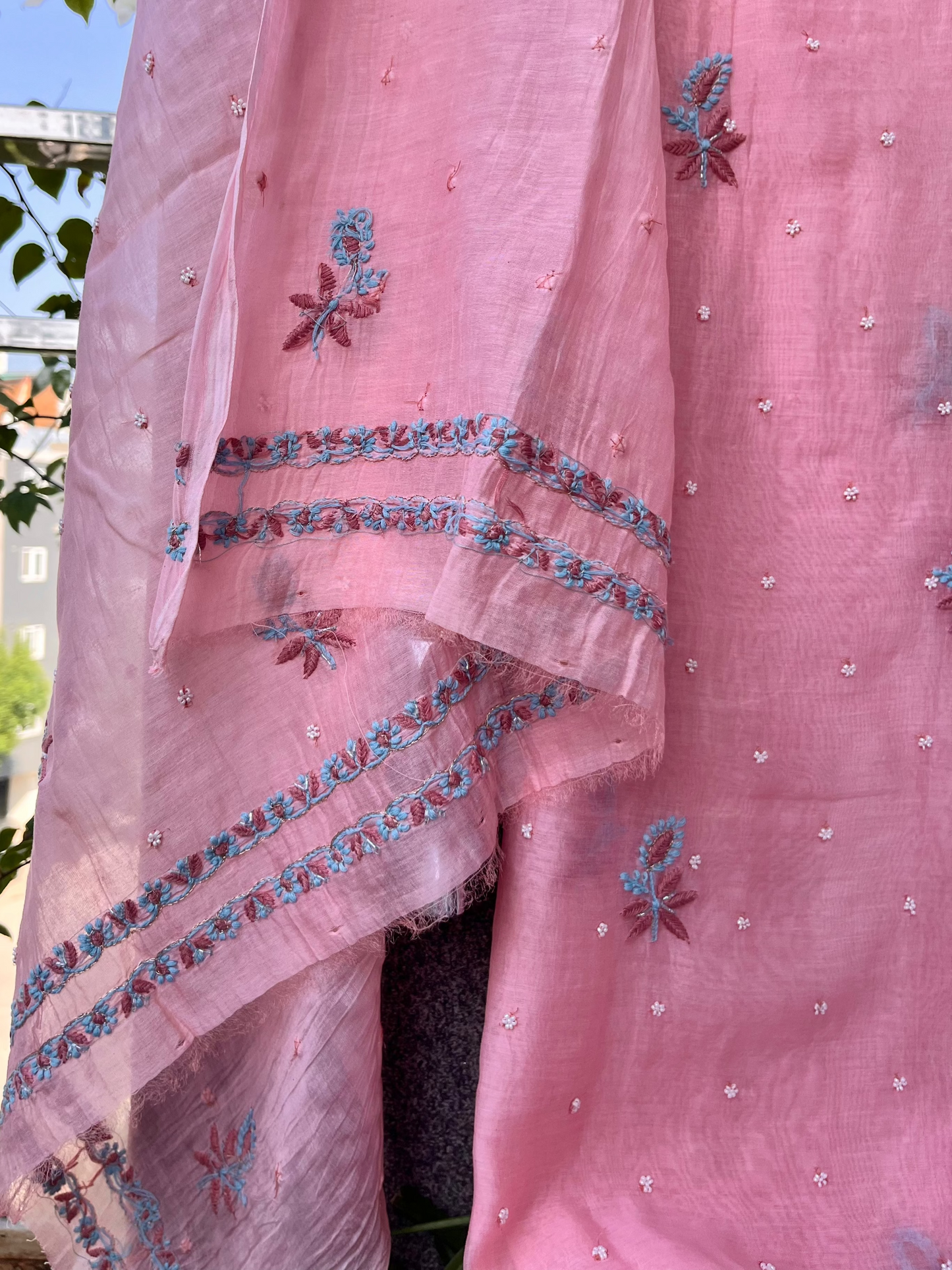 Pink Mul Chanderi Unstitched Fine Chikankari & Pearl Festive 2 pc Suit Set
