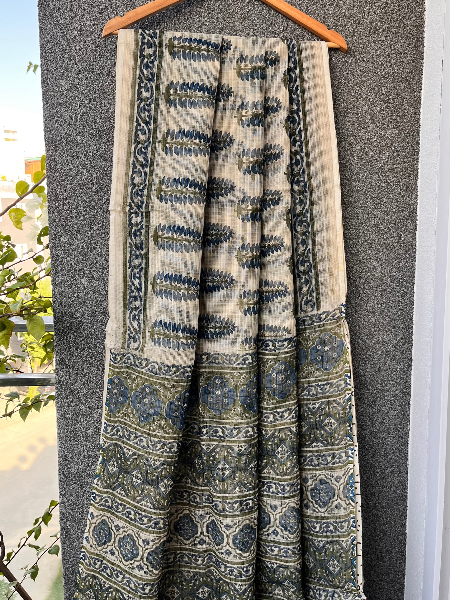 Beige & Blue Leaf Bagru Kota doriya Saree