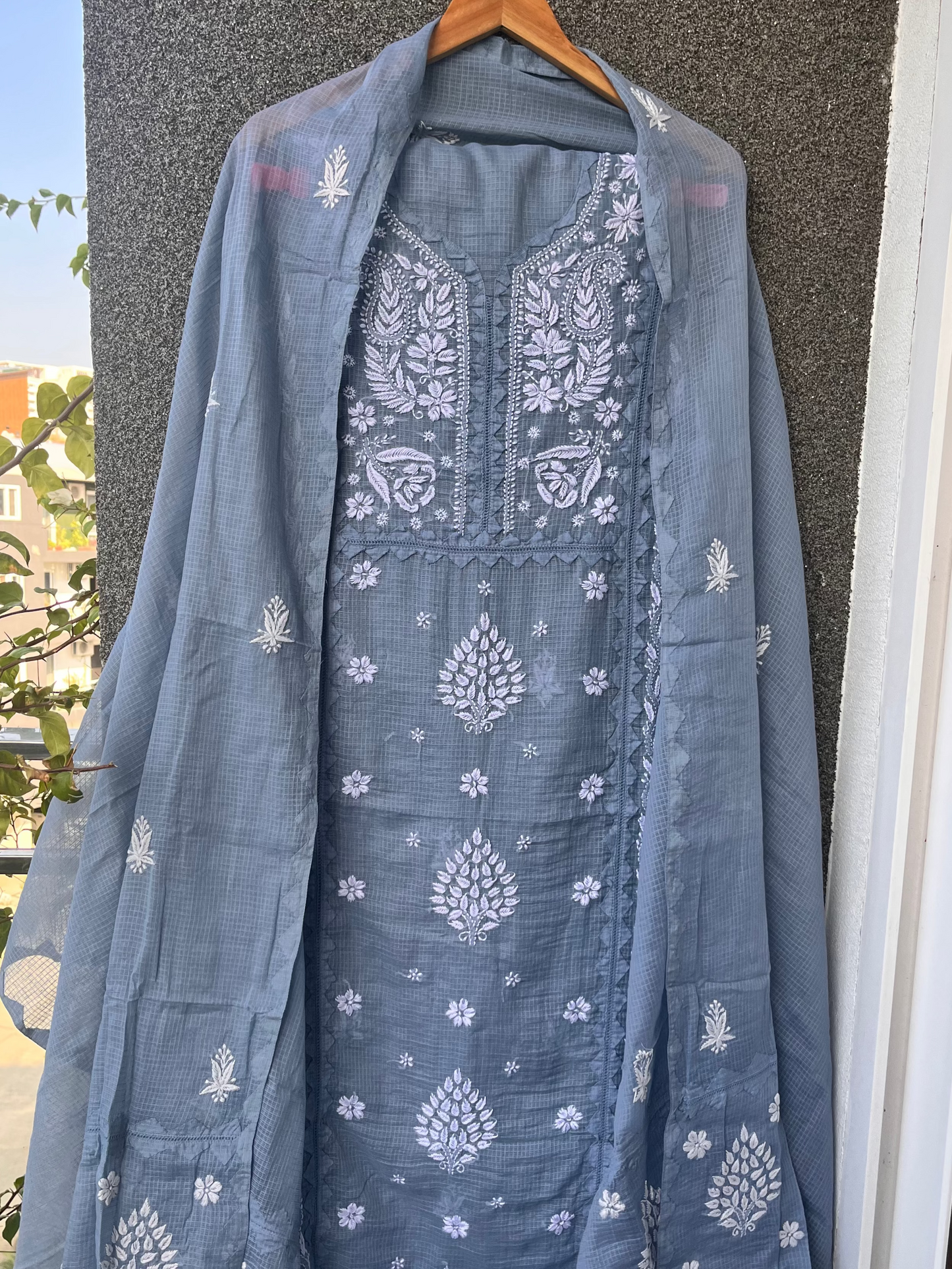 Anupama Cool Grey Unstitched Chikankari & Applique Suit Set