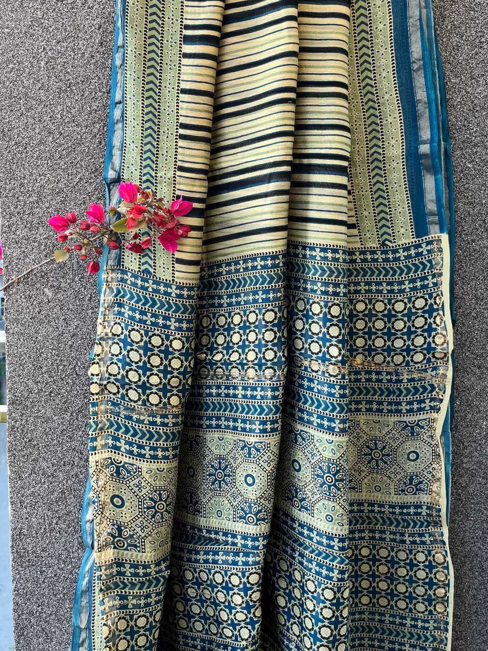 Blue Lined Ajrakh Chanderi Saree