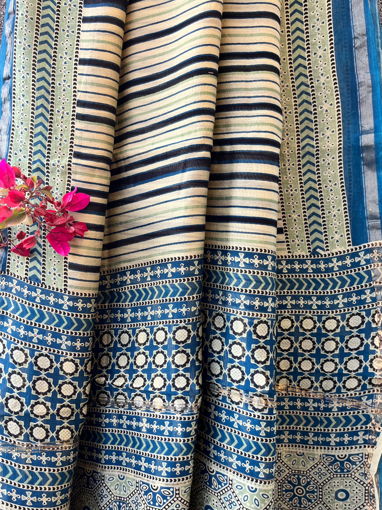 Blue Lined Ajrakh Chanderi Saree