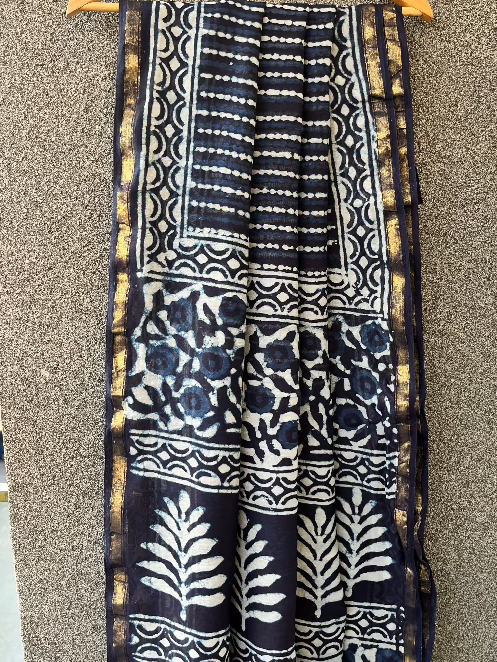 Indigo Lined Dabu Chanderi Saree