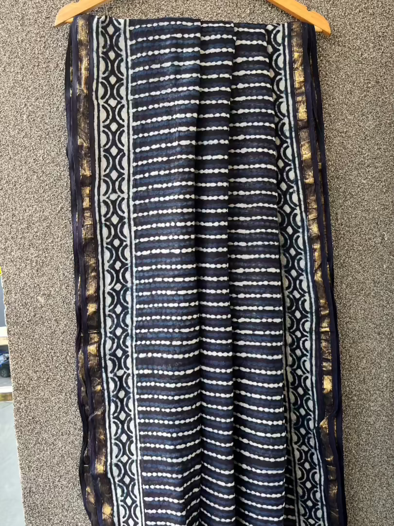 Indigo Lined Dabu Chanderi Saree