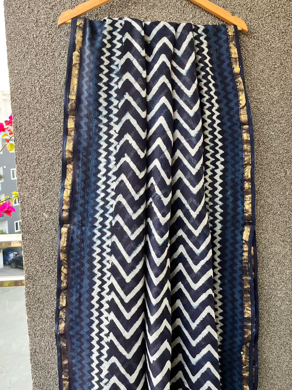 Chevron Indigo Chanderi Saree