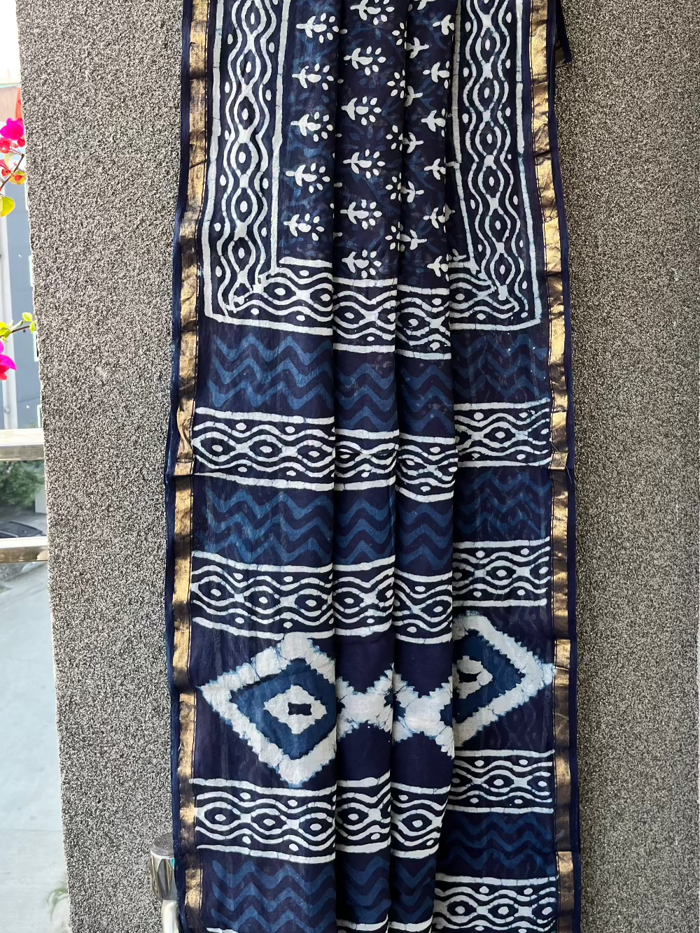 Indigo Dotted flower Dabu Chanderi Saree
