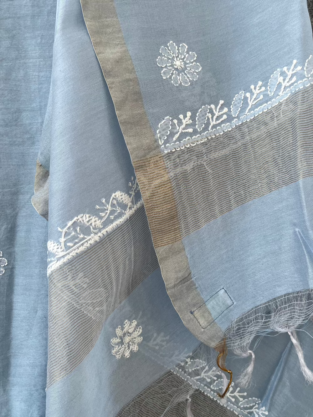 Sanchita Powder-blue Chikankari Kurta set with Mukaish work