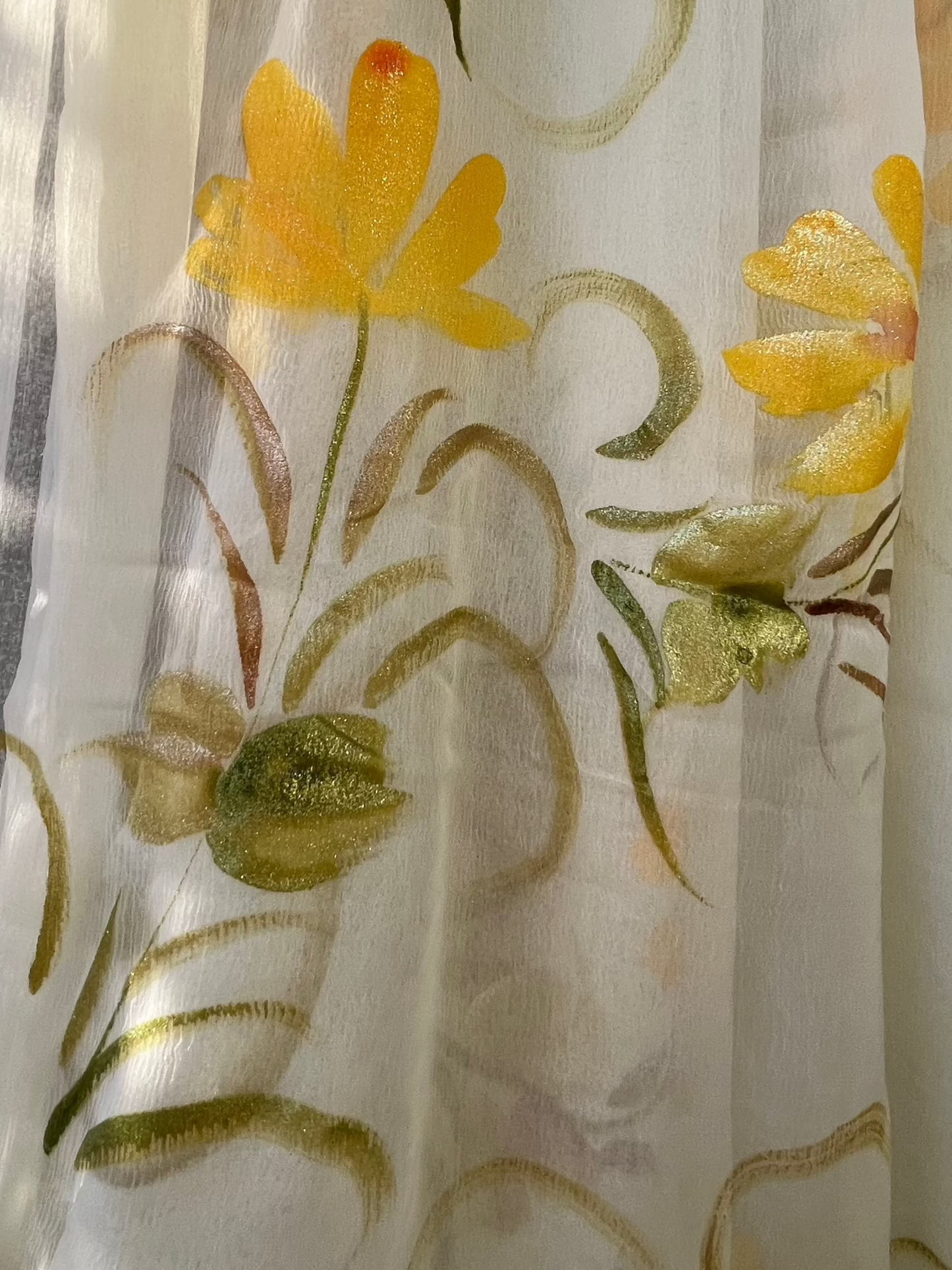 Lemon yellow Hand-painted Saree with yellow glitter flowers