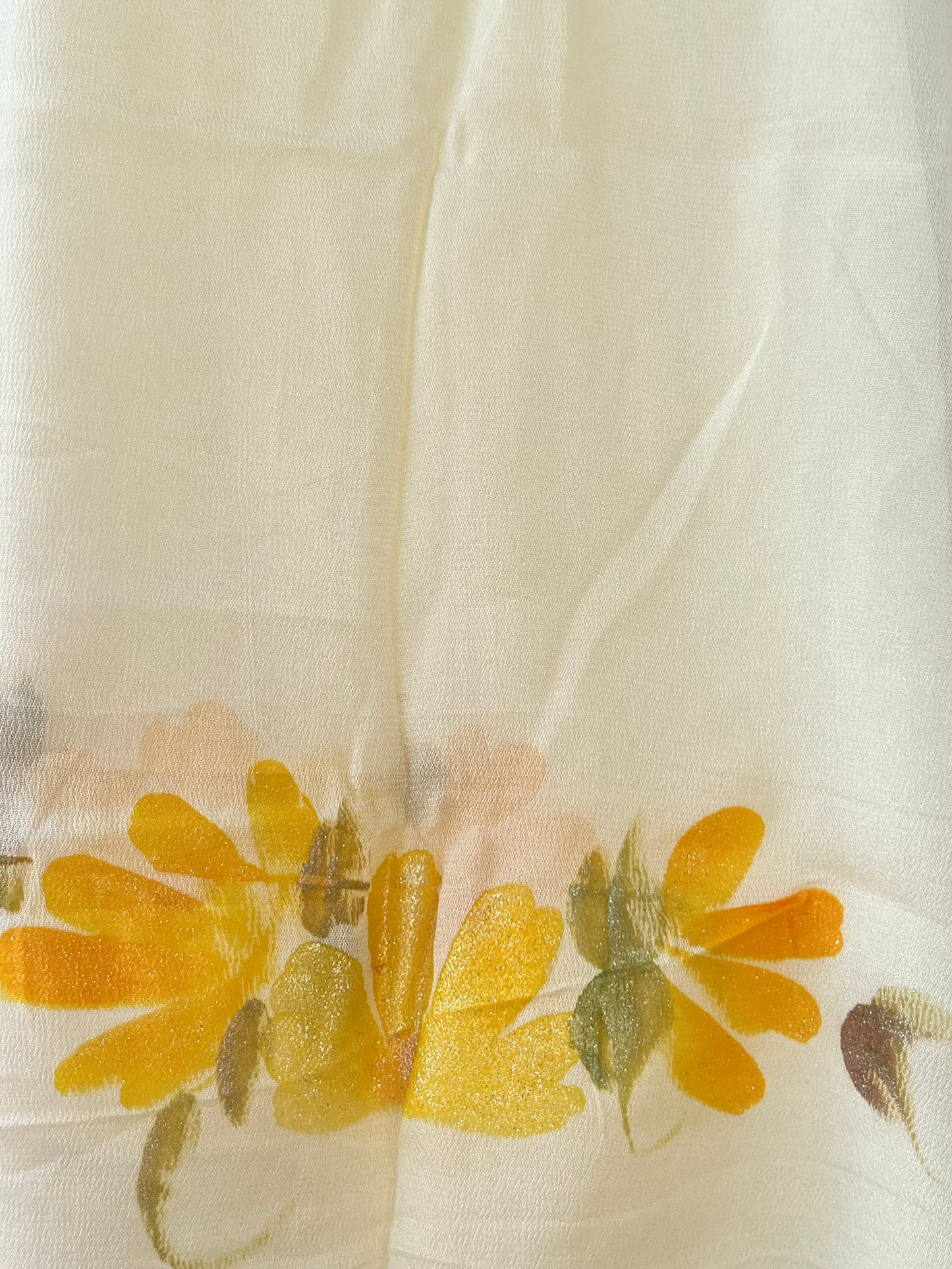 Lemon yellow Hand-painted Saree with yellow glitter flowers