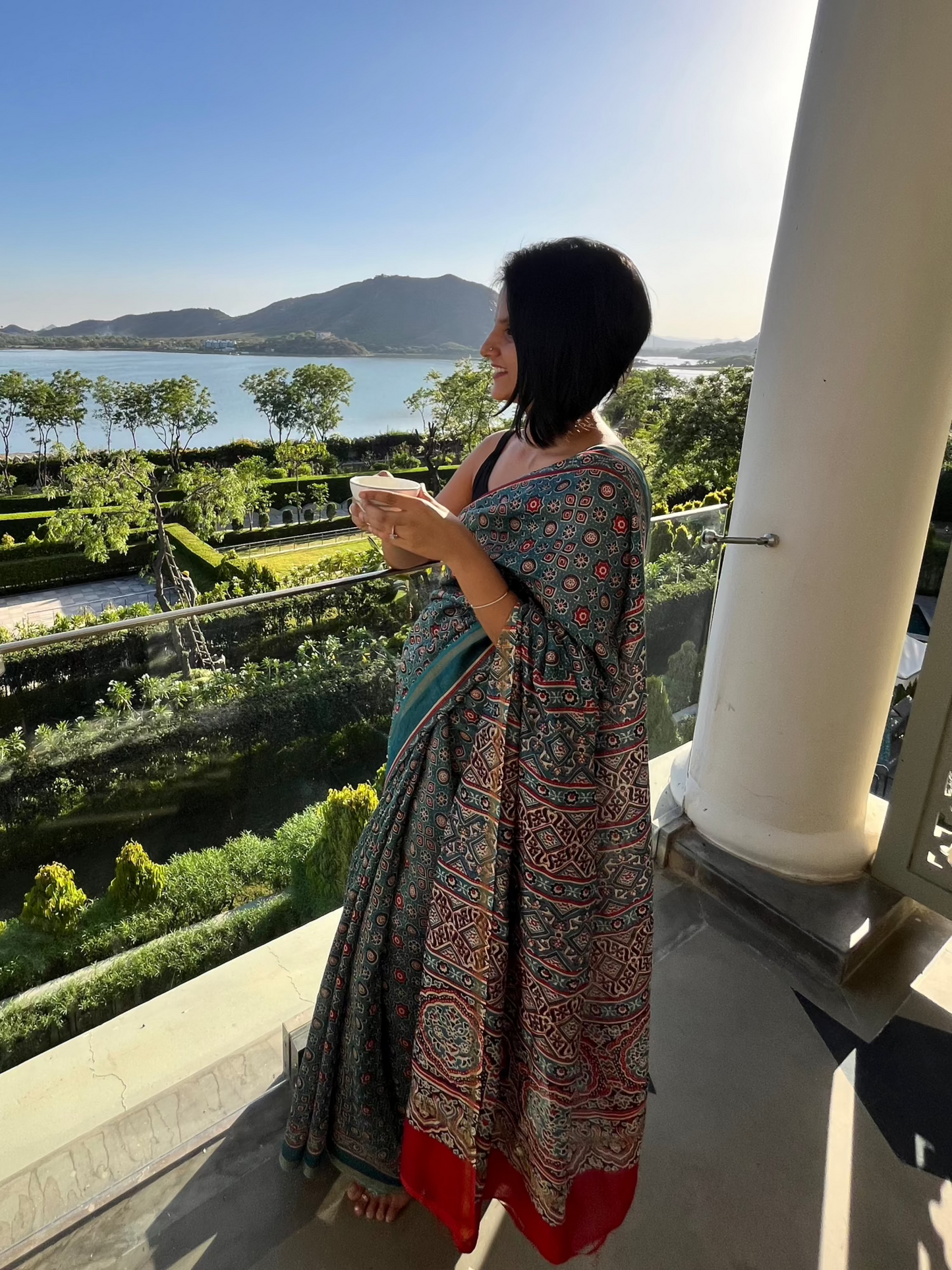 Teal Blue Ajrakh Chanderi Saree