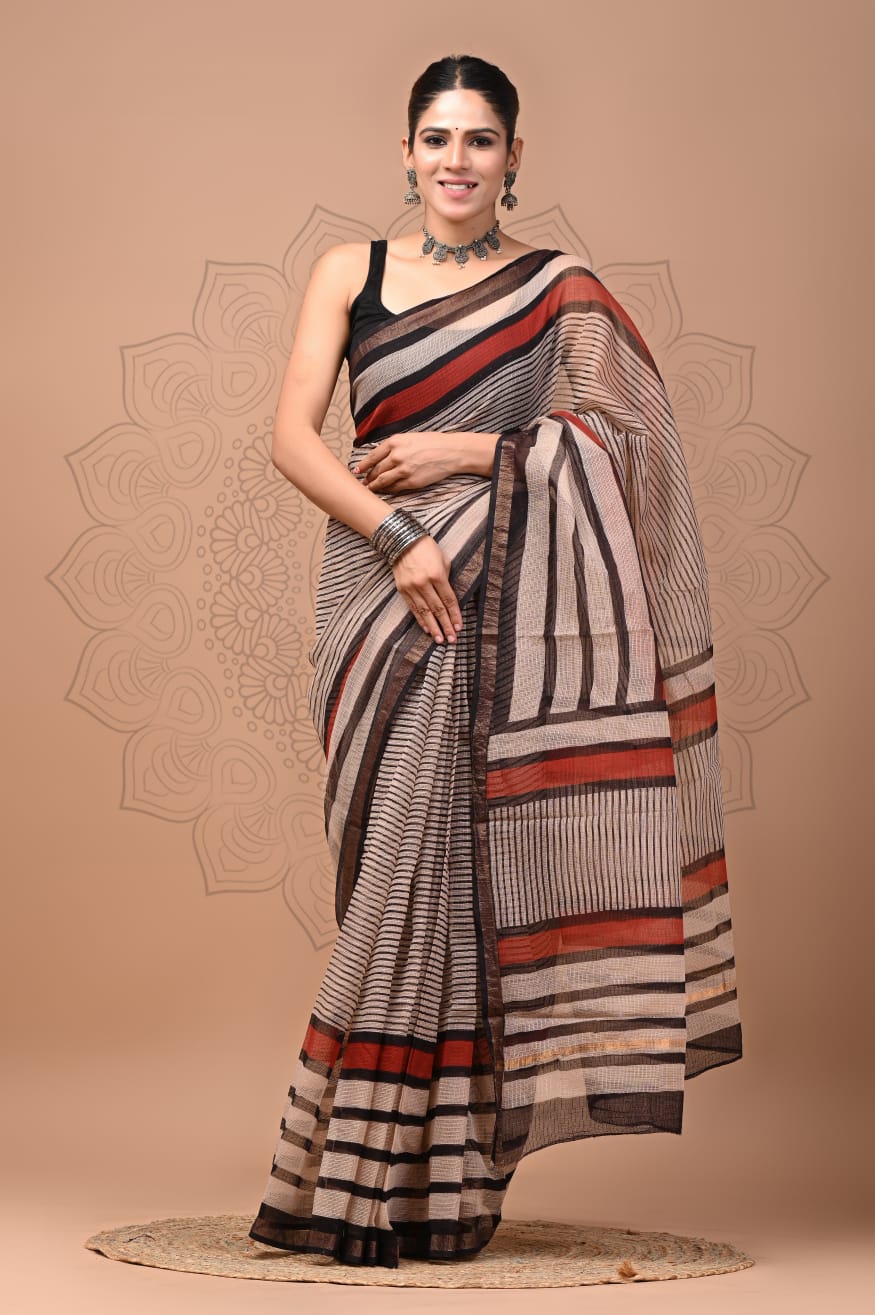 Beige and Black Striped Kota doriya Saree