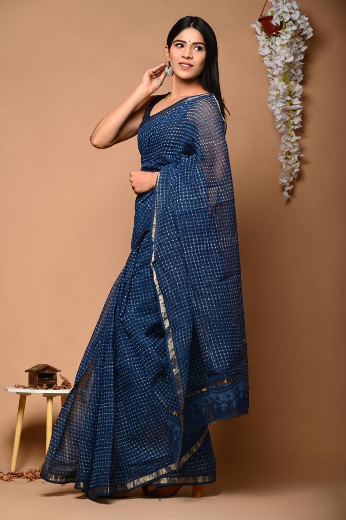 Indigo Checkered Dabu Kota doriya Saree