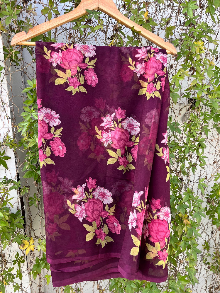 Wine Floral Printed Saree