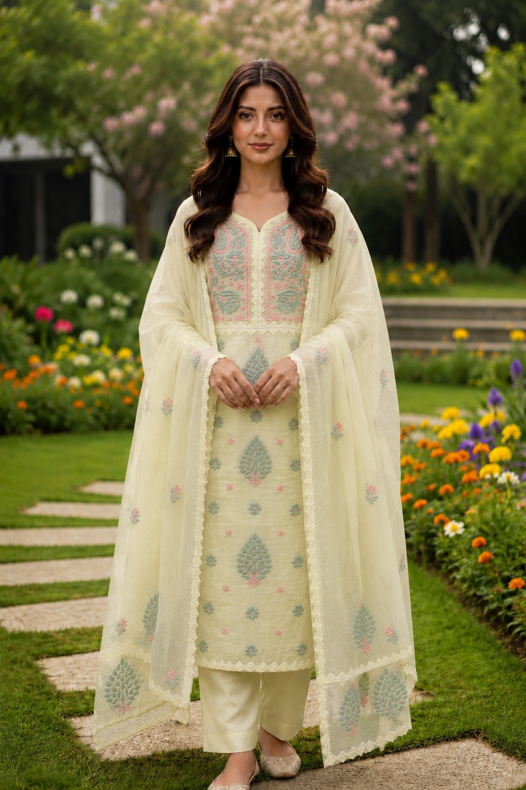 Anupama Lemon yellow Unstitched Chikankari & Applique 2 pc Suit Set