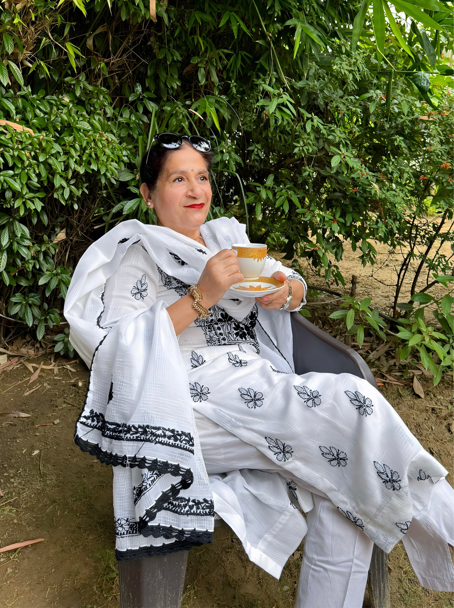 Akanksha Unstitched White & Black Chikankari Kurta Set
