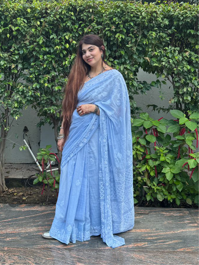 Powder Blue Chikankari Kotadoriya Saree