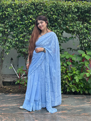 Powder Blue Chikankari Kotadoriya Saree