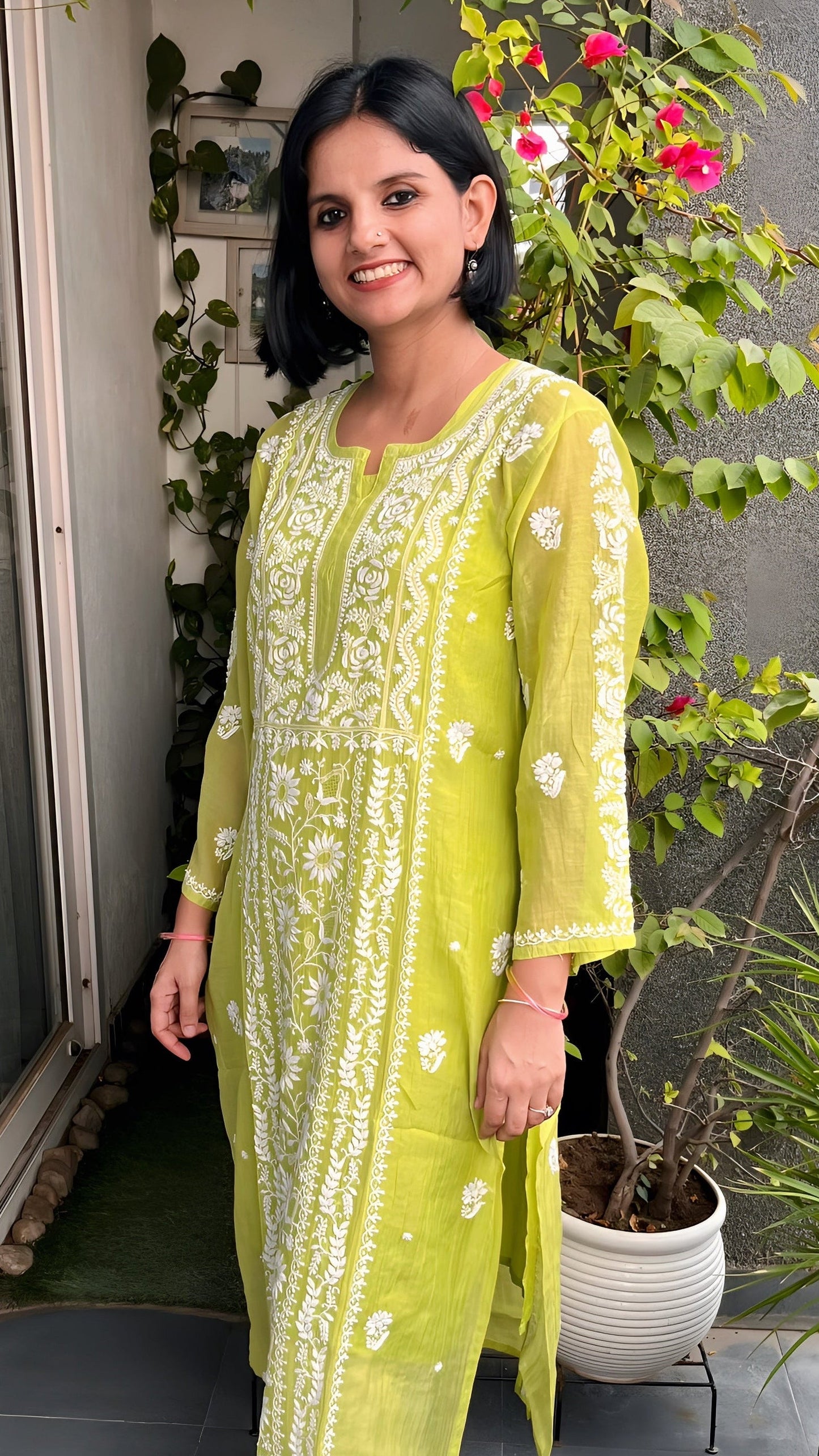 Karnika Lime Stitched Chikankari Kurta in Pure Mul