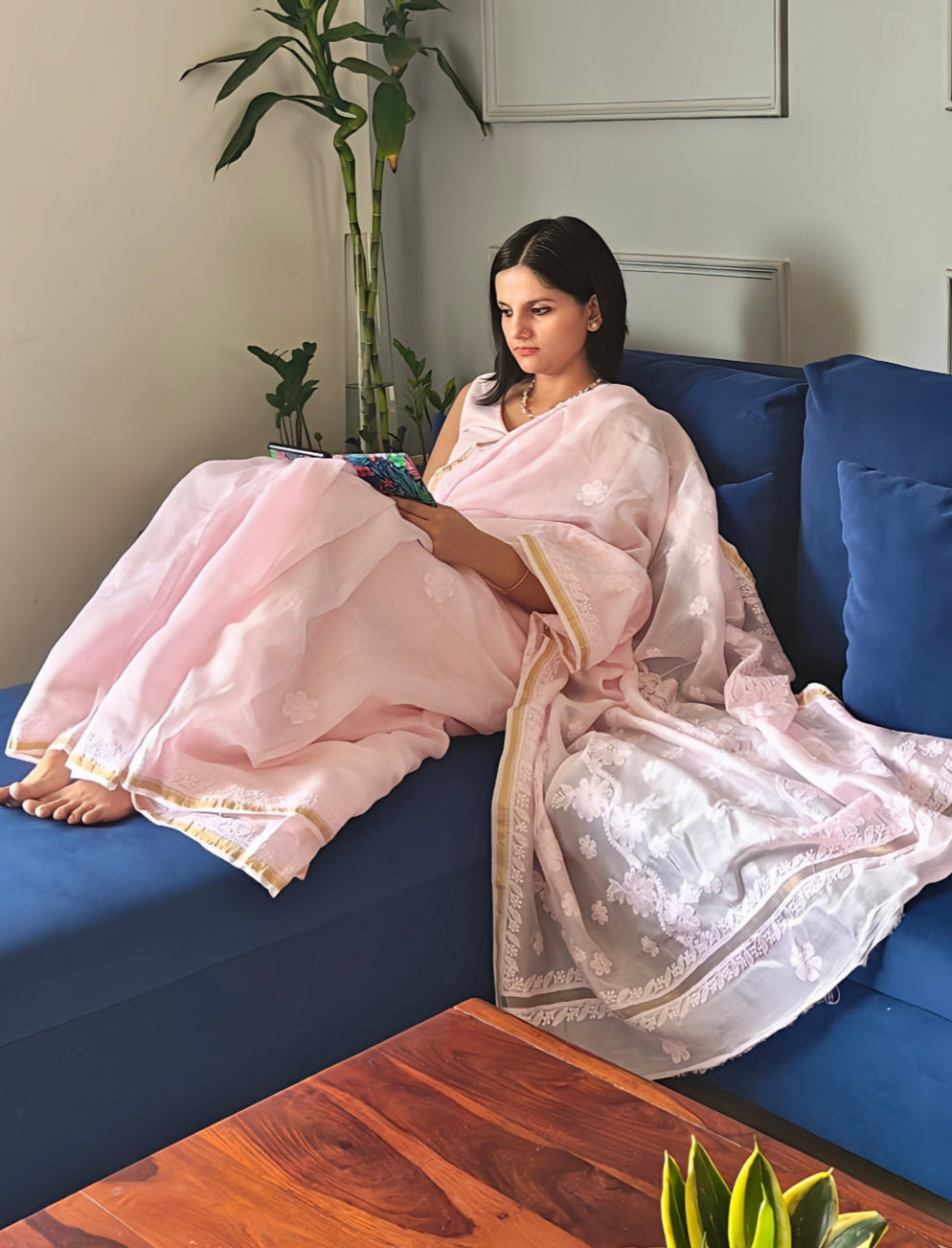 Pink Chikankari Chanderi Saree